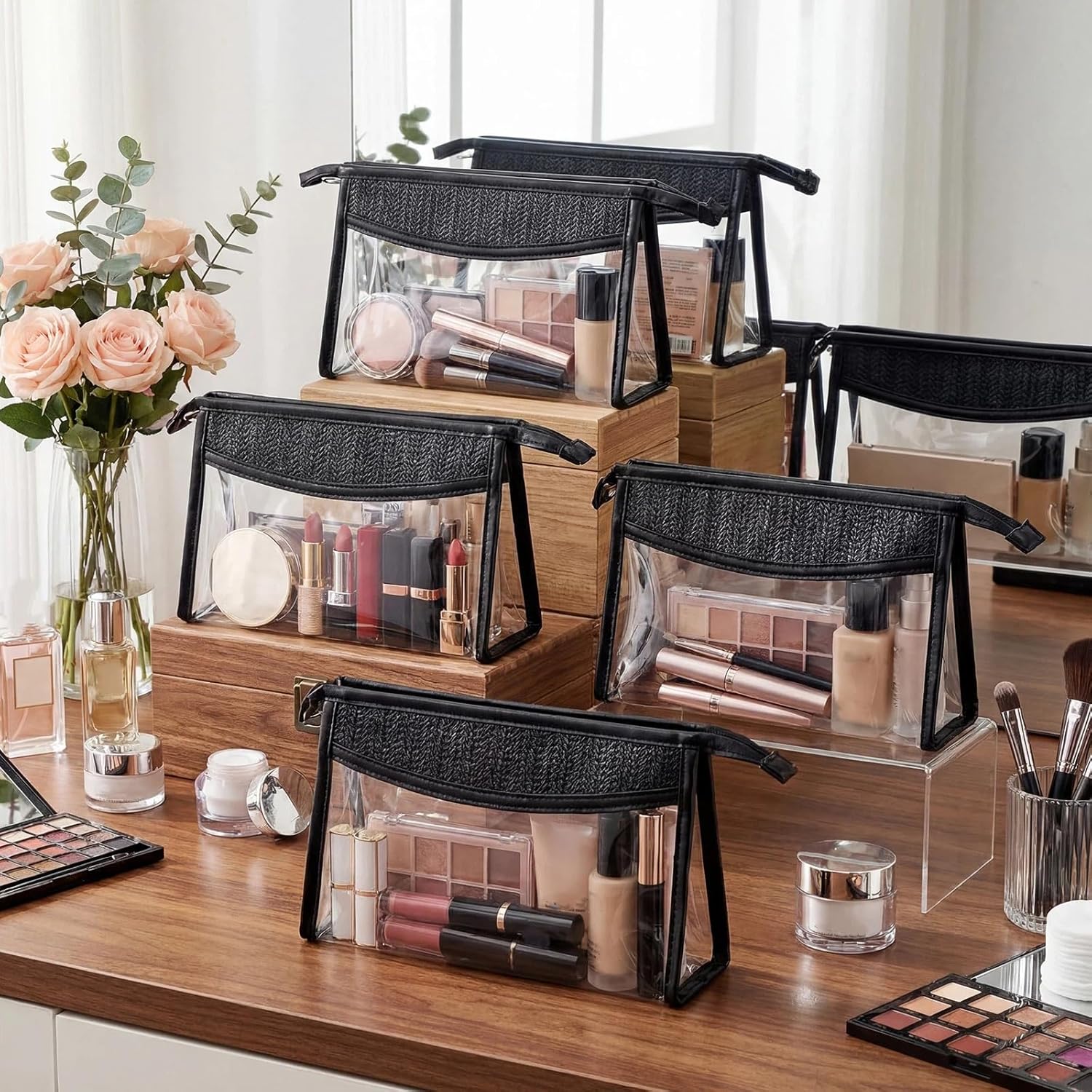 Kacctyen 10 Pcs Boho Clear Beach Bag Makeup Pouch Waterproof Sunscreen Cosmetic Bag with Zipper for Bridesmaid Gifts Wedding Party Favors Beach Vacation (Black)