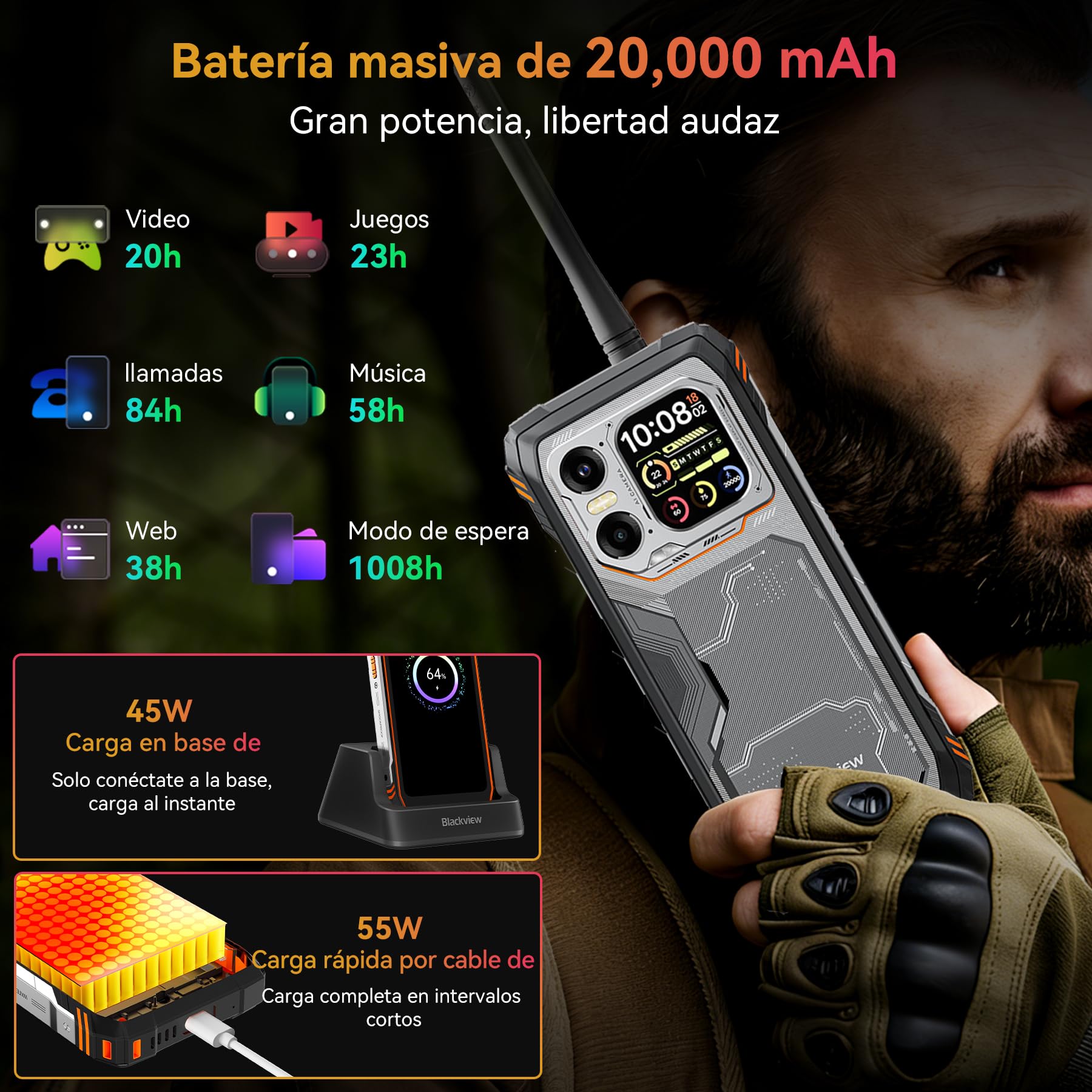 Blackview XPLORE 1 WT Movil Irrompible 5G, 20000mAh Movil Indestructible, 48GB+512GB, 6,78" FHD+ & 2,01" 120Hz Android 15 IP69K, 64MP+50MP+20MP, NFC/OTG/GPS/AI