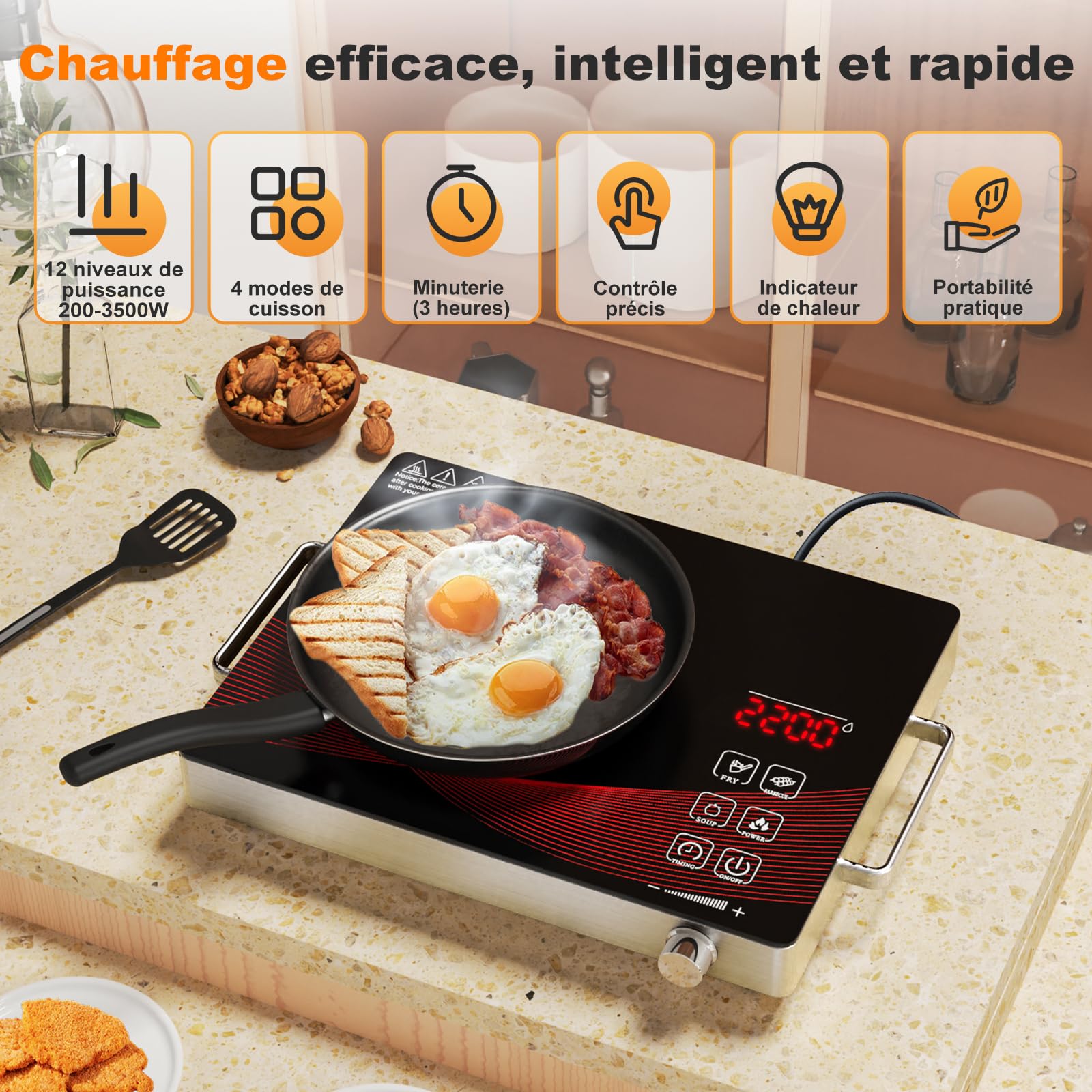 Plaque Vitrocéramique 1 Feu 2200W, Portable Plaque Électrique avec Minuterie, Verrouillage de Sécurité, Commande Bouton, Cuisson Sans Flamme, Surface en Verre Noir