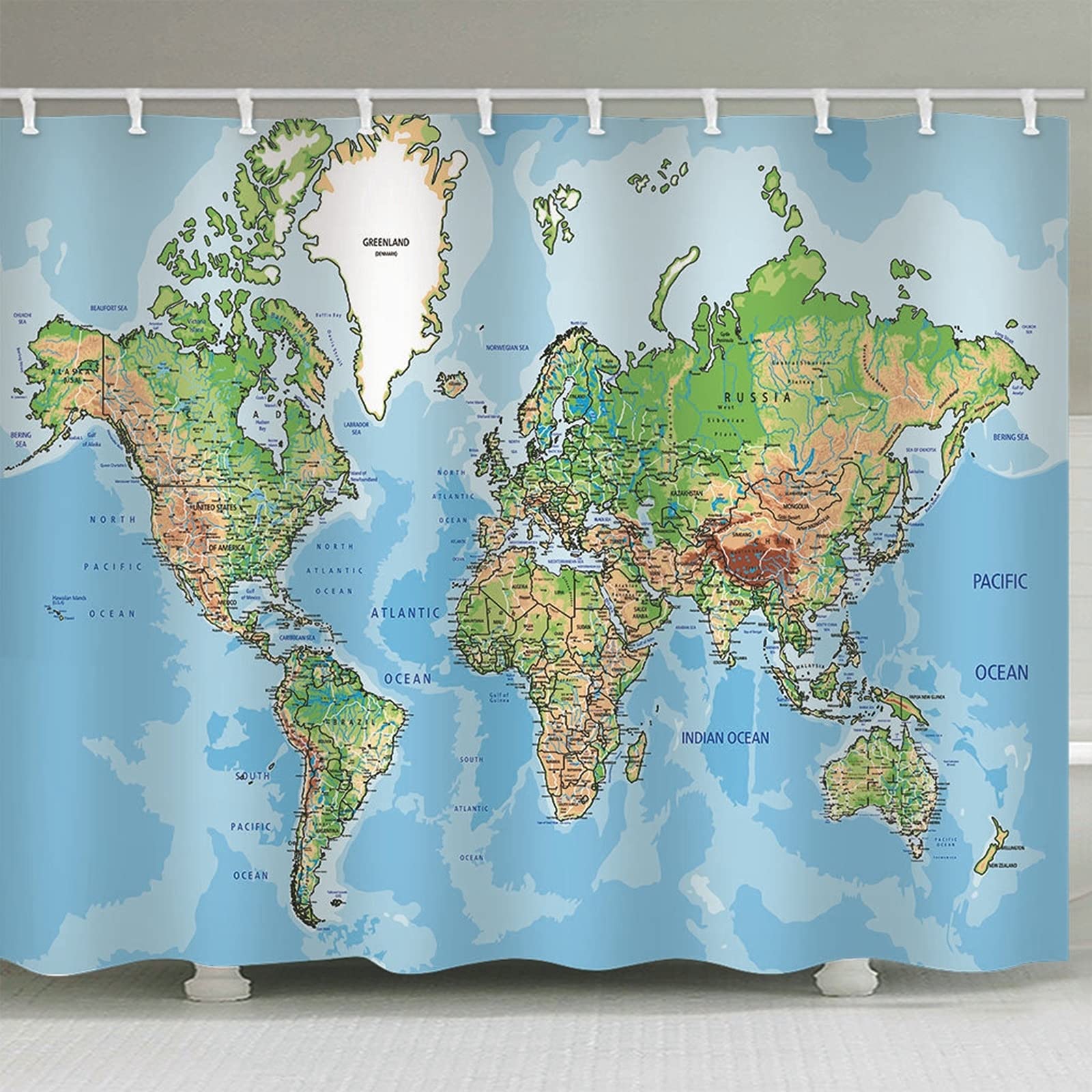 Tenda Doccia Blu Impermeabile & Lavabile Tenda Doccia Tessuto Poliestere con Ganci Tenda Doccia Mappa del Mondo, 150x200cm