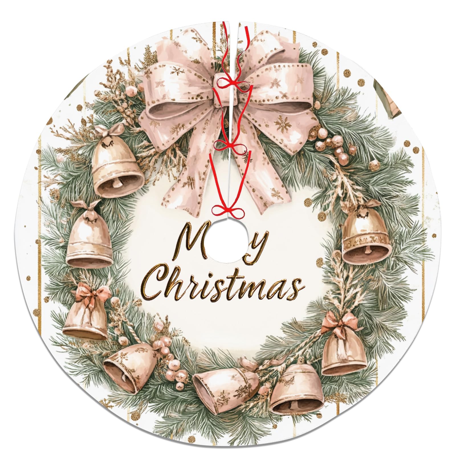 Gold Bell Christmas Tree Skirt, Green Pine Wreath Holiday Decor for Winter Home Decoration, Xmas Classic Style Indoor Use 36 Inch