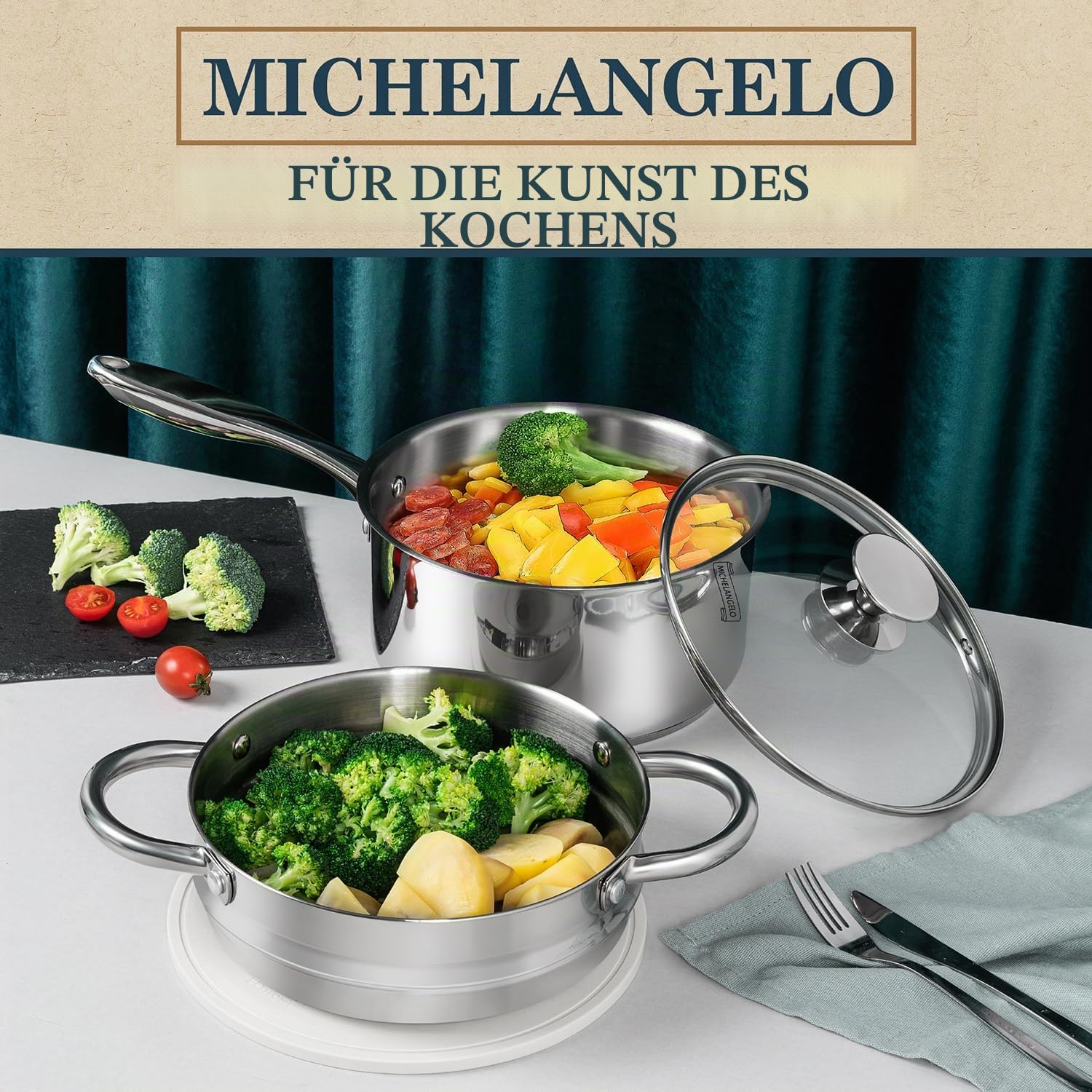 MICHELANGELO Edelstahl Stielkasserolle 20 cm, 3l mit Deckel und Dämpfeinsatz, Induction geeignet für Induktion, schichtlos ohne Beschichtung, spülmaschinenfest für Milch, Sauce, Kochtopf