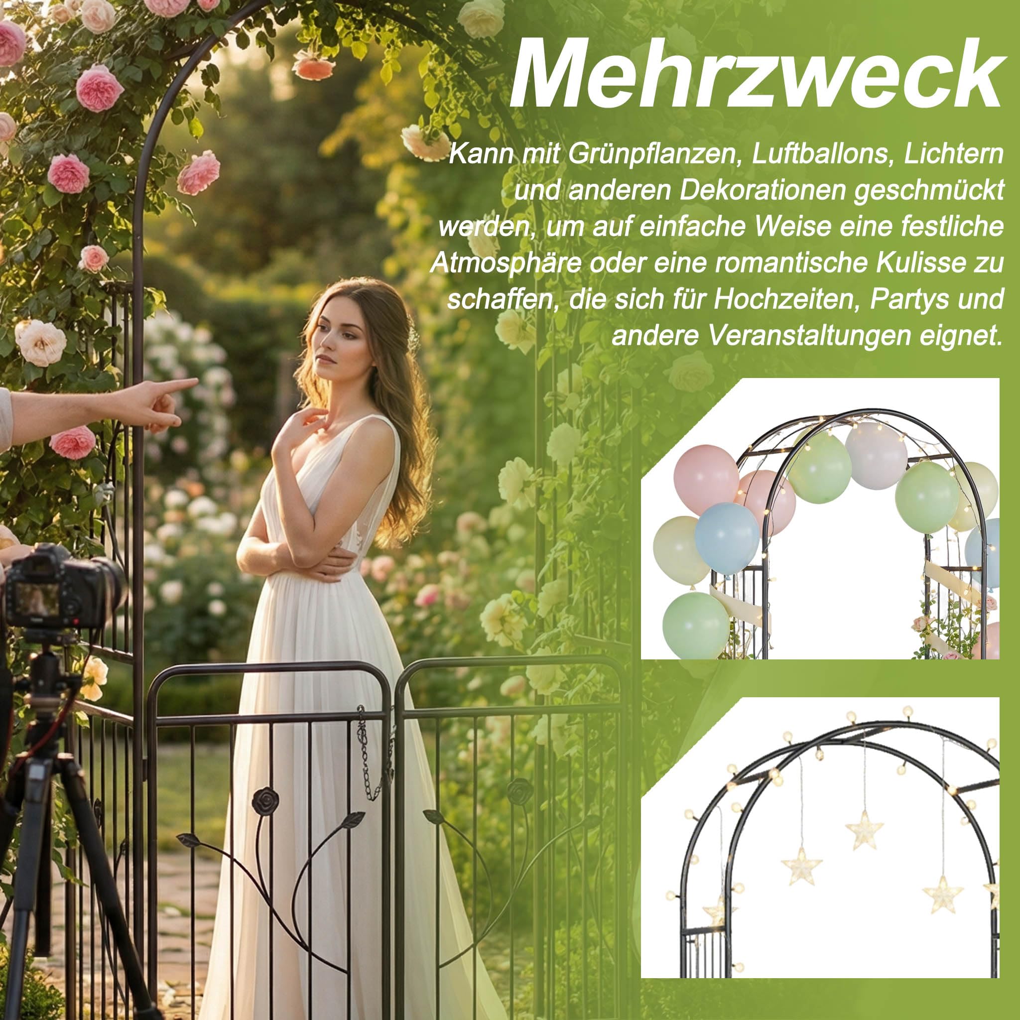 Aufun Rosenbogen mit Tür 220 cm, Metall Gartenbogen mit Rankgitter, Abschließbares Gartentor, Pulverbeschichteter Stahl, Wetterfest & Stabil, Rankhilfe für Kletterpflanzen, Hochzeit & Garten, Schwarz