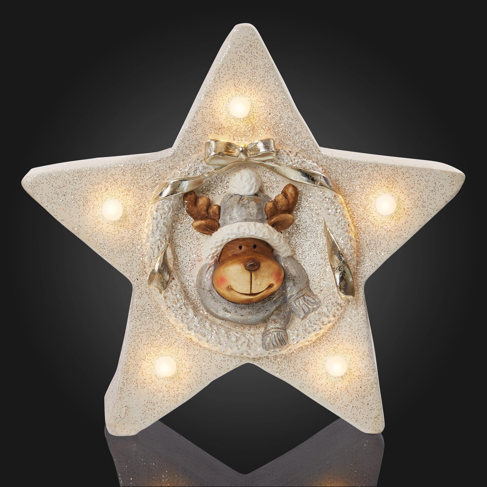 Hellum LED Dekofigur Stern mit Rentier, mit Timer, Weihnachten, warmweiß, batteriebetrieben (3xAA Nicht inkl.), 52x45x25cm, für Innen, Winter-Dekoration, 524048