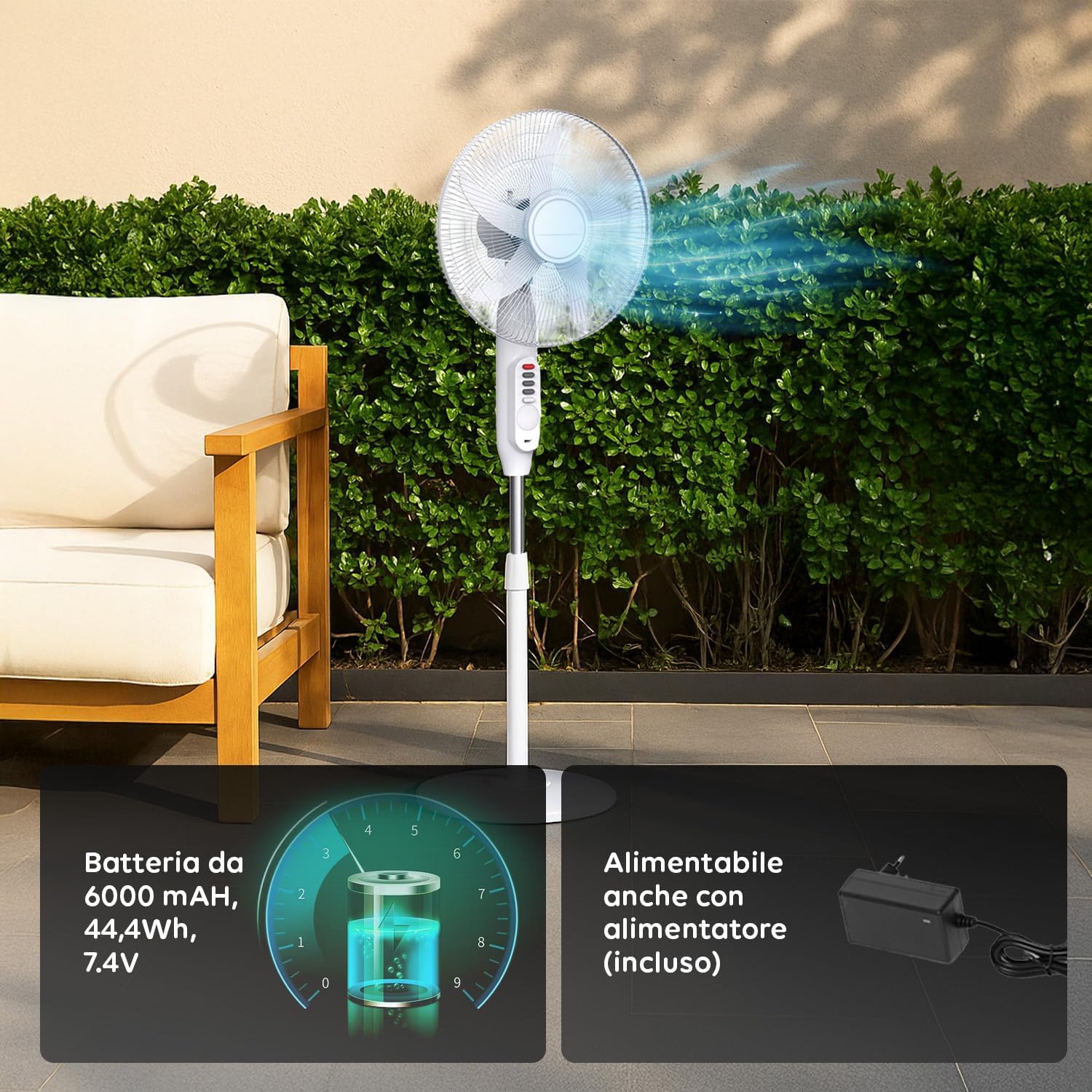 Ventilatore a Piantana con Luce LED con pannello solare, funziona senza corrente - Con Porta USB per ricarica dispositivi - Ideale per camper, barche, roulotte