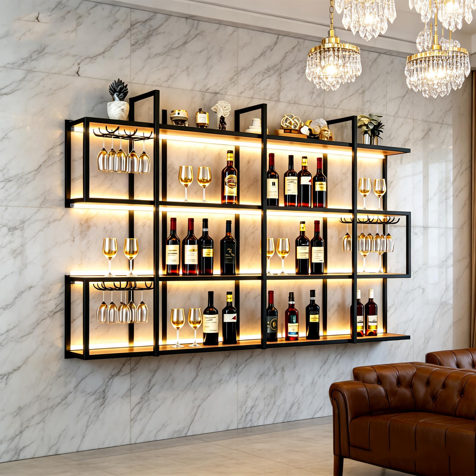 Botellero de Pared Metálico de 4 Niveles con Luz LED, Botellero Industrial de Pared para Vino, Soporte Vertical para Botellas y Copas para Bar, Cocina y Decoración del Hogar(Negro, 180cm)