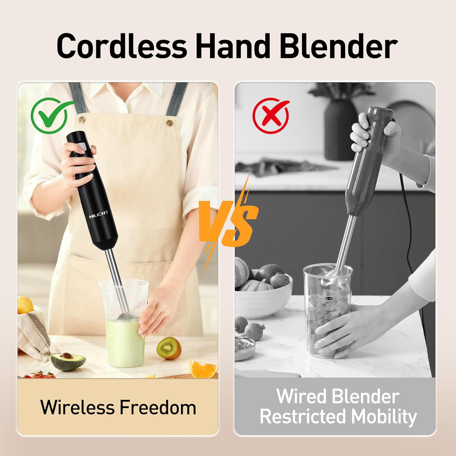 Cordless Immersion Hand Blender (Stick Blender) – Smooth, Controlled Blending for Everyday Cooking, 12V Brushless Motor, Pressure-Sensitive Variable Speed, USB-C Rechargeable, Easy-Clean (White)