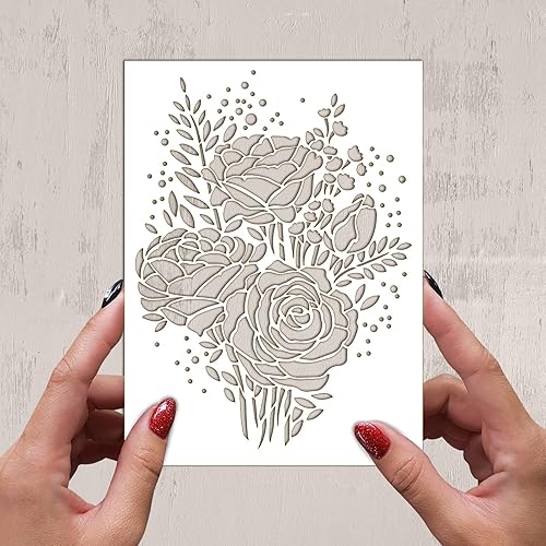 Miniatura 2 de FLONZ - Plantilla decorativa (6 x 8 pulgadas), ramo de rosas y peonías, plantilla decorativa para pintura de pared, álbumes de recortes y decoración