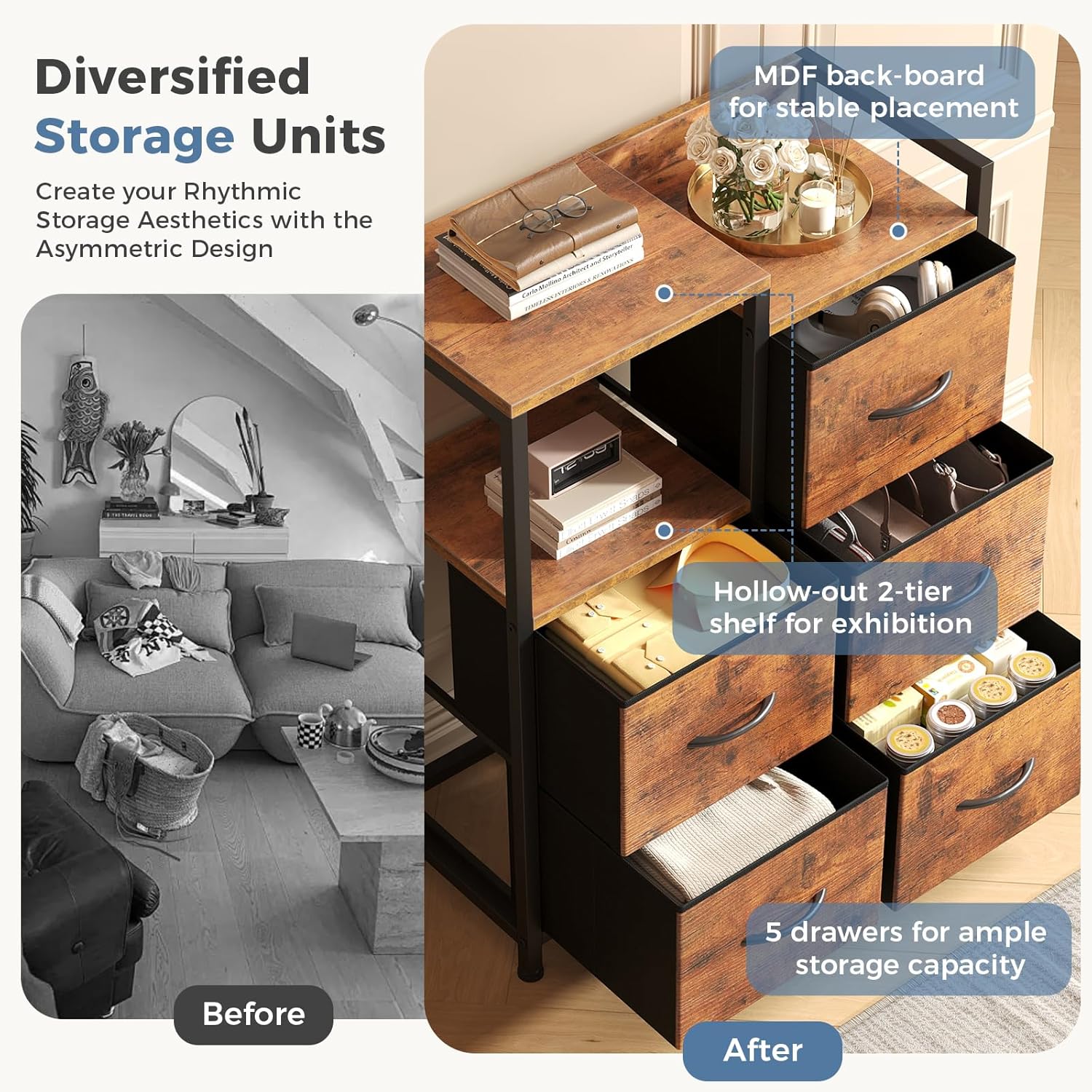 DUMOS TV Stands for Bedroom with 5 Drawers, 5-Drawer Chest of Drawers with Raised Shelf, Storage Tower with Fabric Bins for Closet Organization, Hallway Storage, Brown
