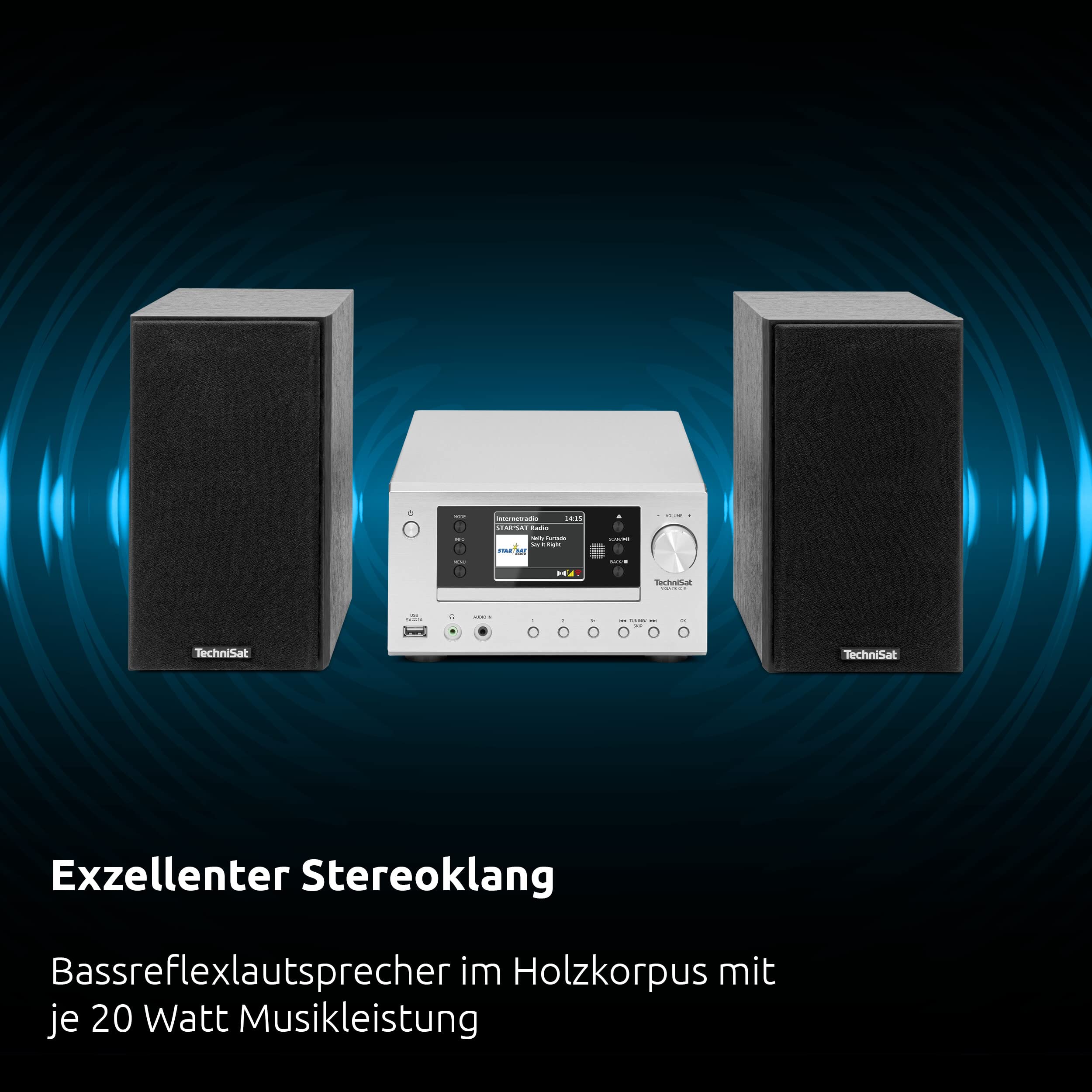 TechniSat VIOLA 710 CD IR - kompakte Hi-Fi-Anlage (Internetradio, DAB+, UKW, CD-Player, Bluetooth, 2x 20 Watt RMS Stereo-Boxen, Kopfhöreranschluss, Wecker, Sleeptimer, Kompaktanlage, Fernbedienung)