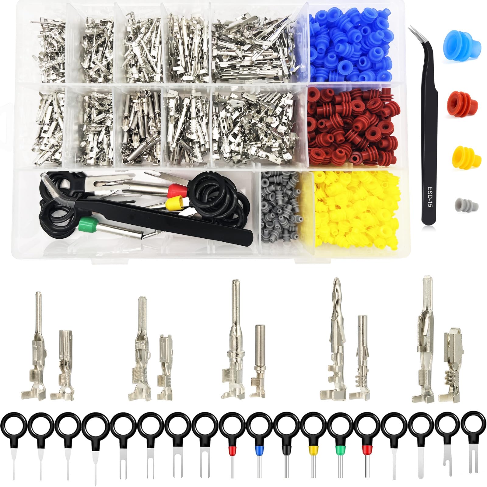Twippo 859pcs Automotive Electrical Pin Connectors Kit 1.5/1.8/2.5/2.8mm Pin Terminals Wire Connector Pins Male Female Crimp Pins with Wire Seals