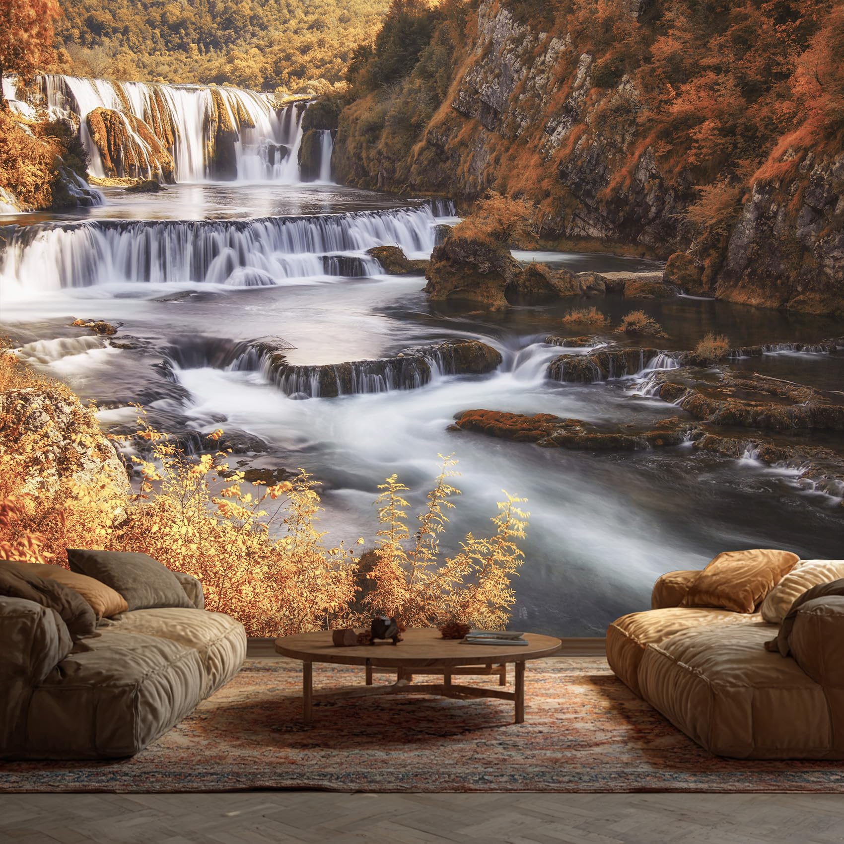 Waterfall Wallpaper, Forest Landscape River Mural Wallpaper, Waterfall Room Decor Wall Art for Living Room Bedroom Kitchen 500L x 280W cm