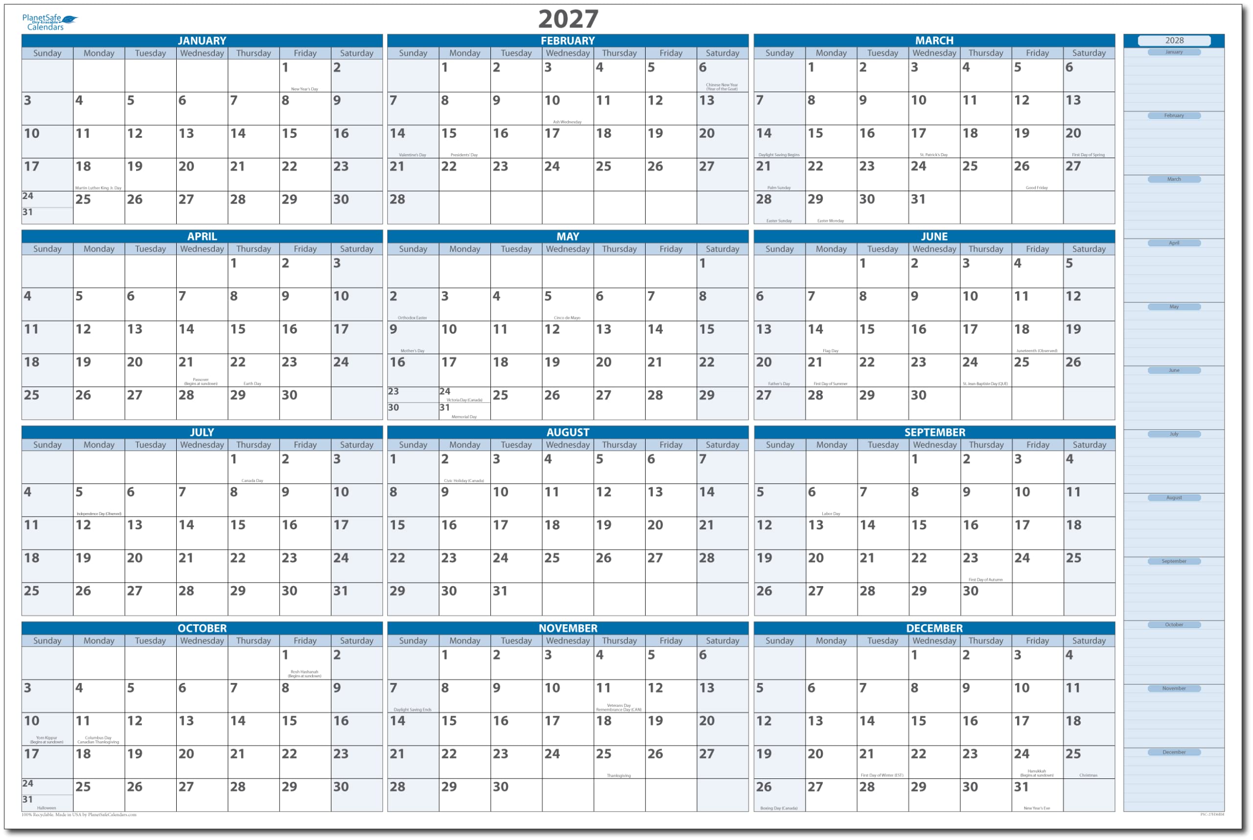 2027 Sky Blue Wet & Dry-Erasable Horizontal Wall Calendar 24h x 36w with next year planning area - Complete with Marker and Eraser