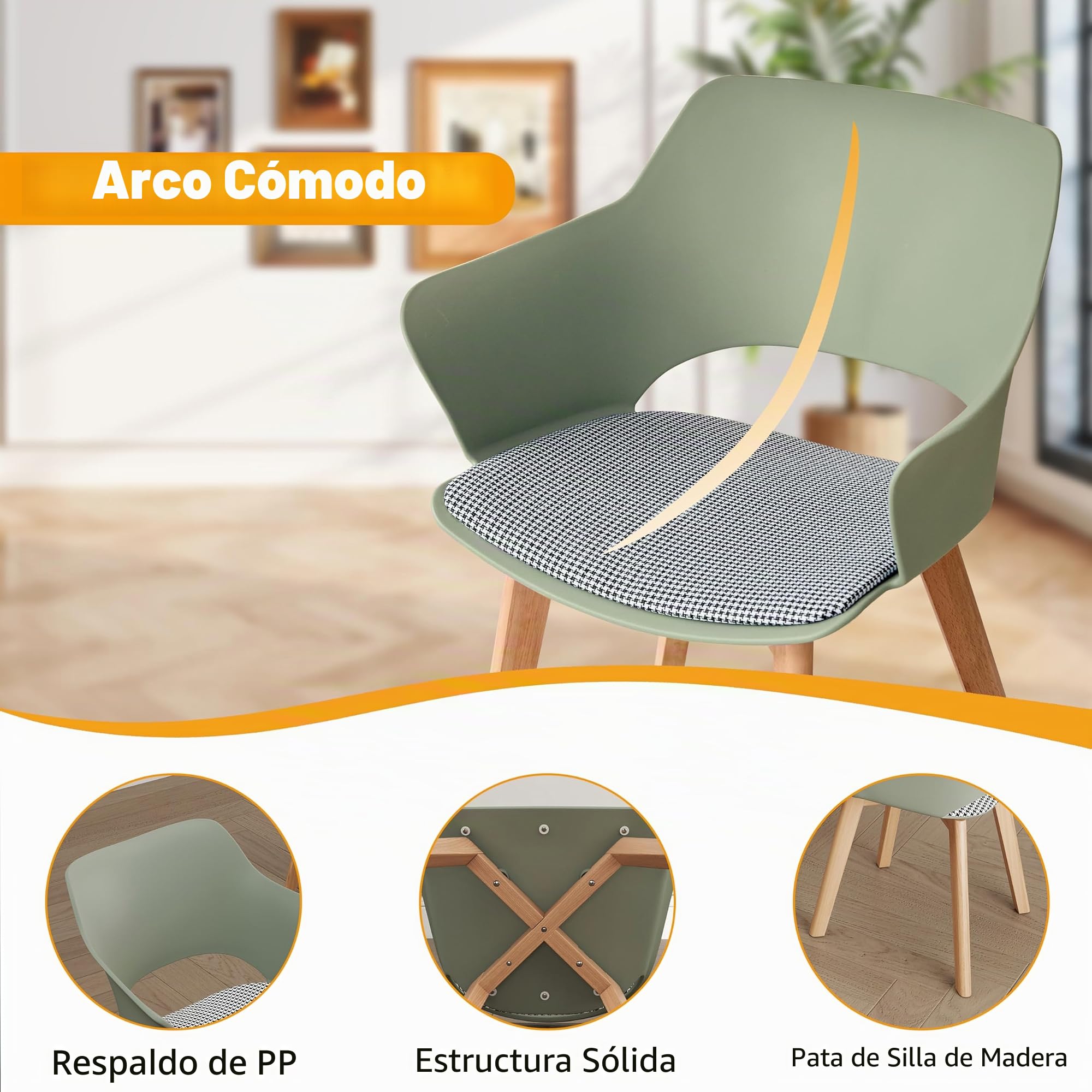 Juego de 4 Sillas de Comedor Escandinavas, Silla de Comedor de Estilo Nórdico con Reposabrazos, Patas de Haya, Silla de Cocina Tapizada a Cuadros de Lino - Blanco+ Rojo + Verde + Azul