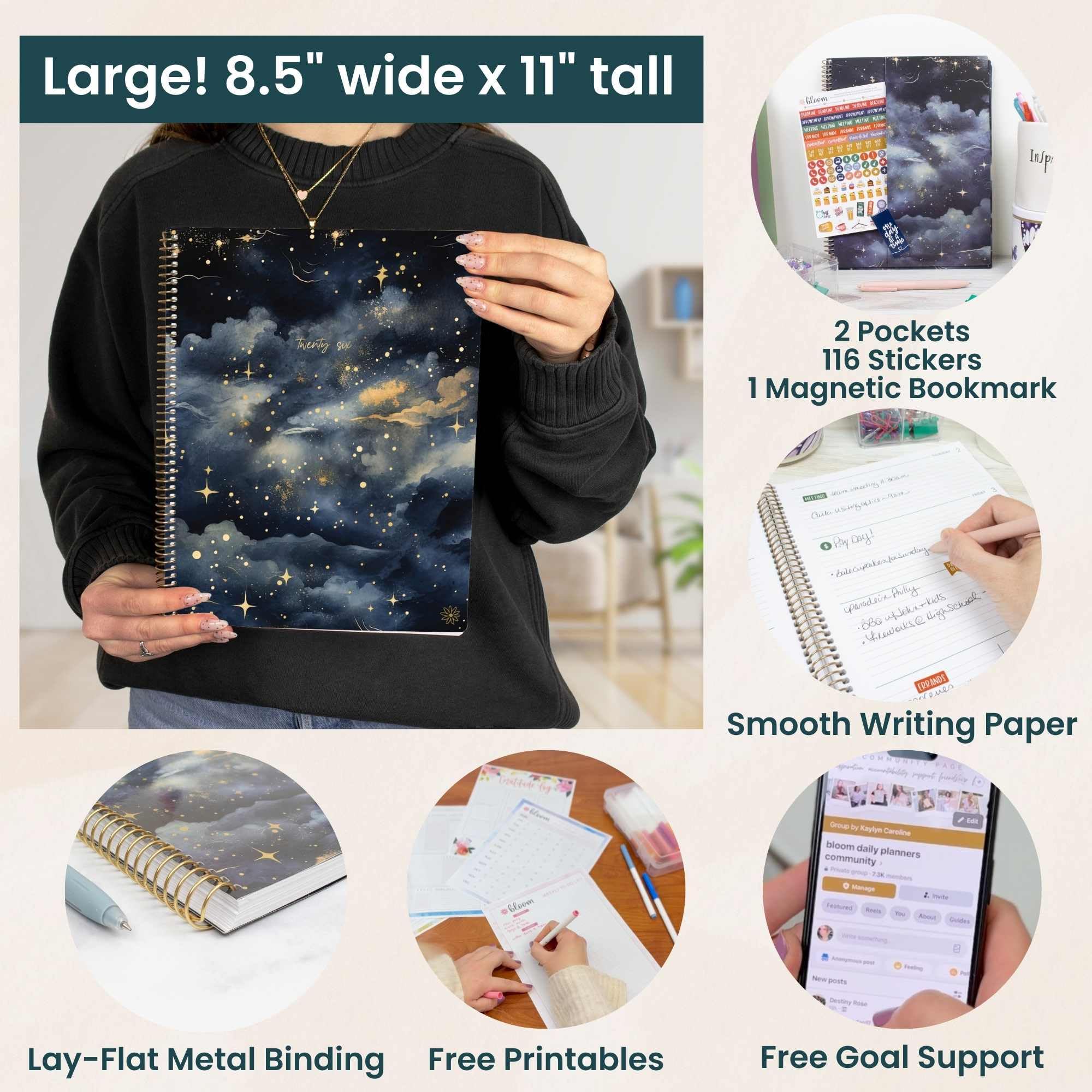 bloom daily planners Planer 2026 (od stycznia do grudnia) - 21,5 cm x 28 cm tygodniowy i miesięczny organizer z naklejkami i zakładkami - elastyczna miękka okładka - Midnight Sky