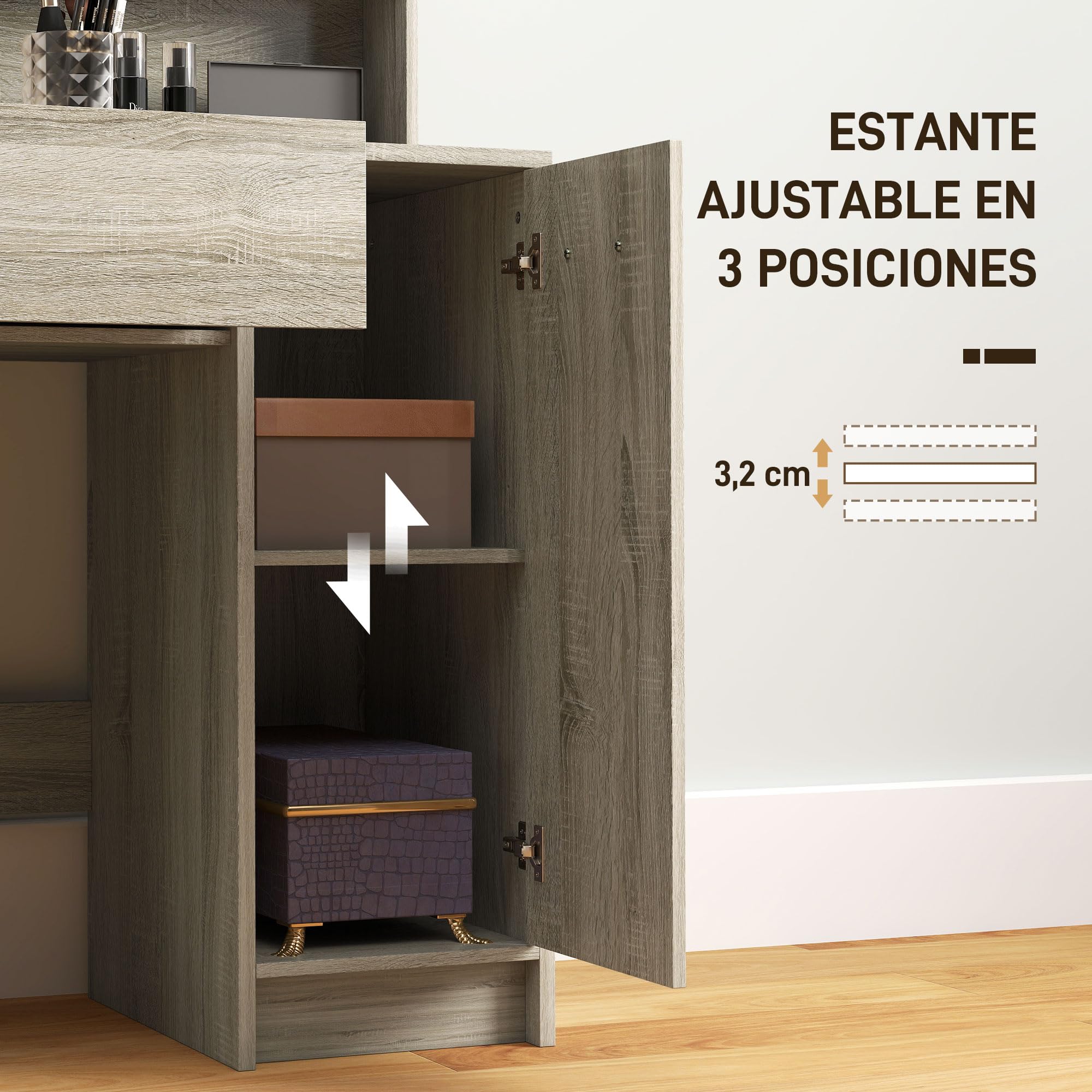 HOMCOM Tocador de Maquillaje con Taburete, Tocador con Espejo, Estantes Abiertos, Cajón y Estante Ajustable, Anti-vuelco, para Dormitorio, Salón y Vestidor, Natural