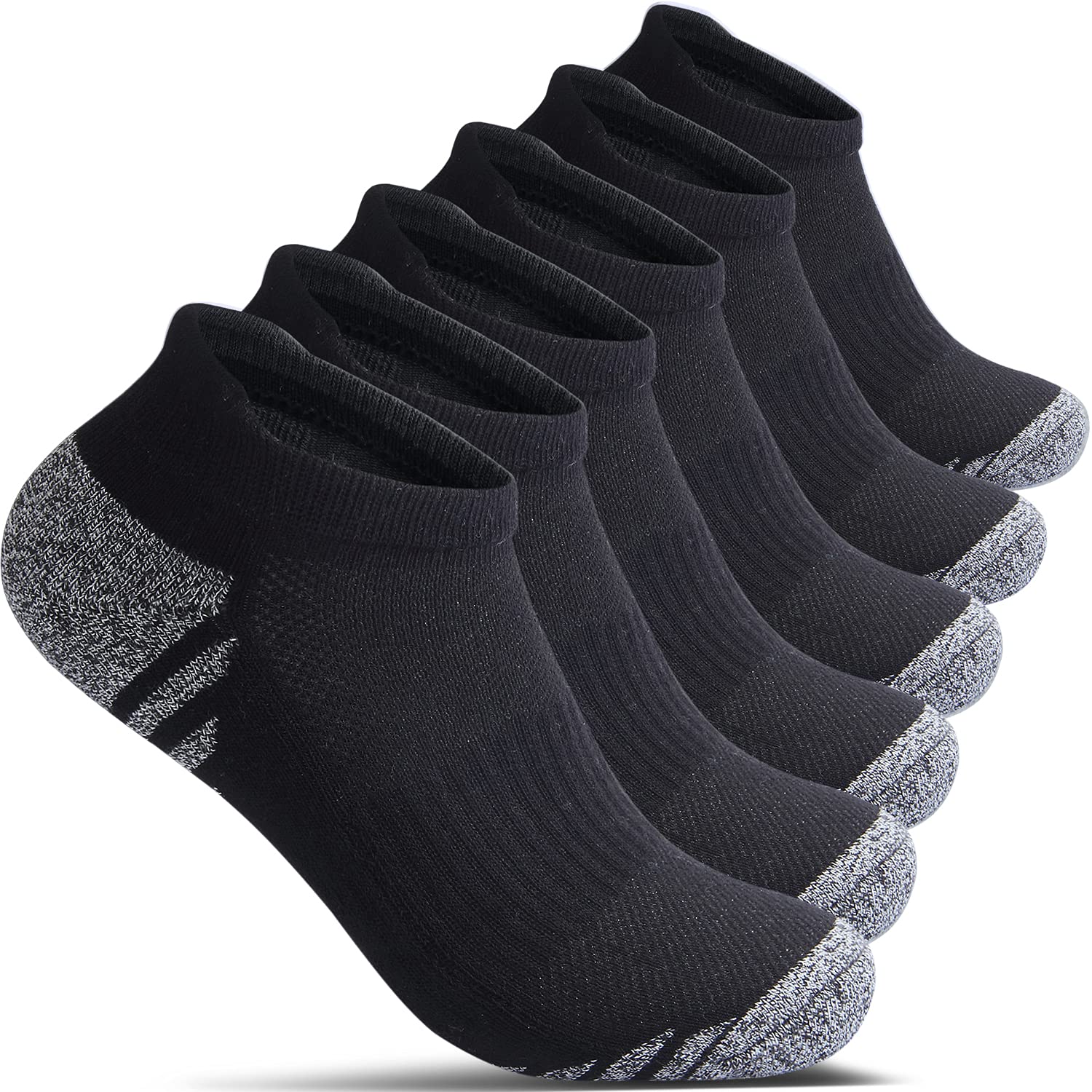 AMAZ-PLAY Cotton No Show Socks for Men With Heel Tab, Cushion Ankle Compression Running Athletic Low Cut Mens Sock 6 Pack