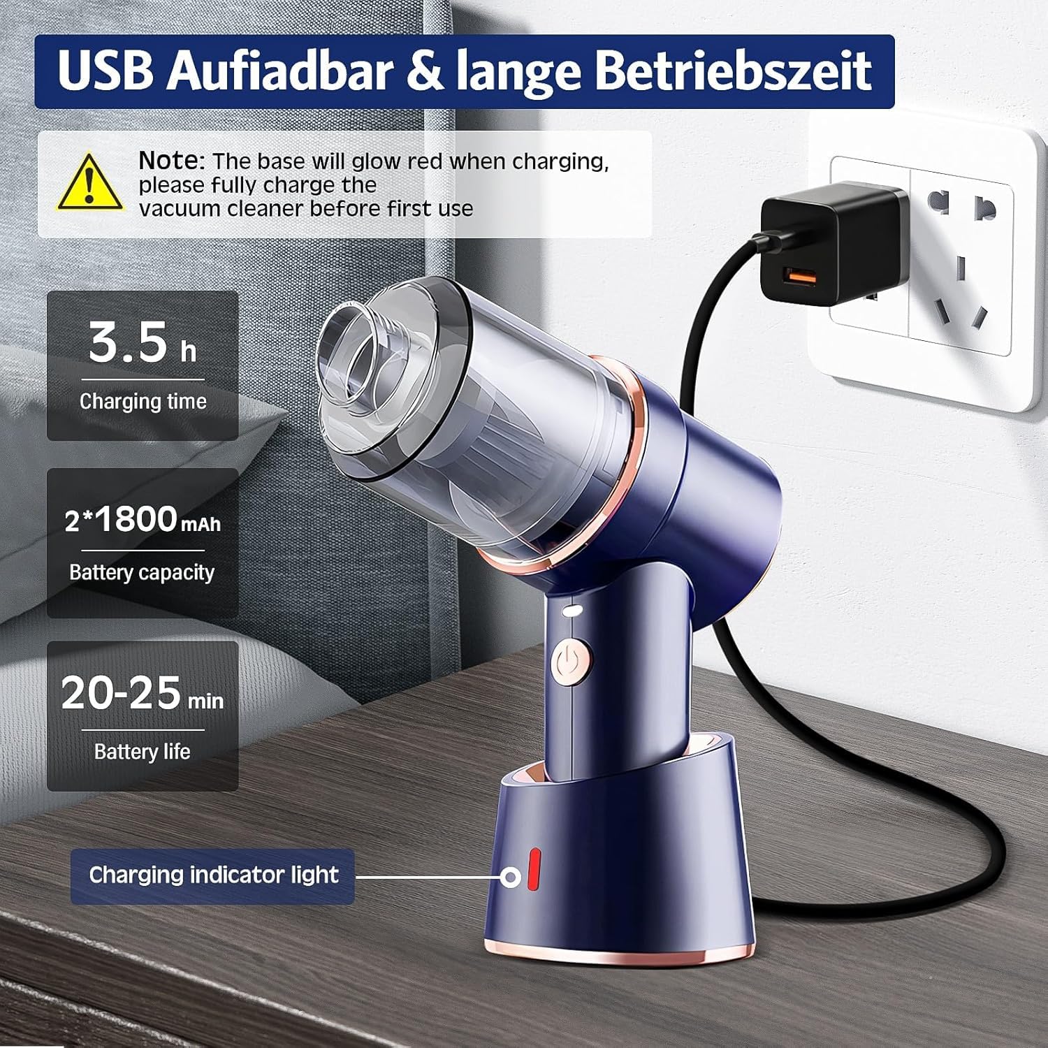 Aspirabriciole Senza Fili Potente, Aspirapolvere Portatile, Aspira Briciole Elettrico, Con Filtro Lavabile/Stazione di Ricarica/Spazzola per Pavimenti, Adatto per Casa e Veicolo (blu)