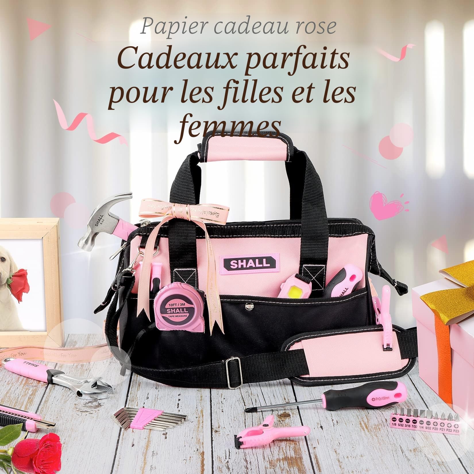 SHALL Ensemble d'outils à main de 246 pièces pour femme, rose, acier forgé, kit d'outils de base pour la maison
