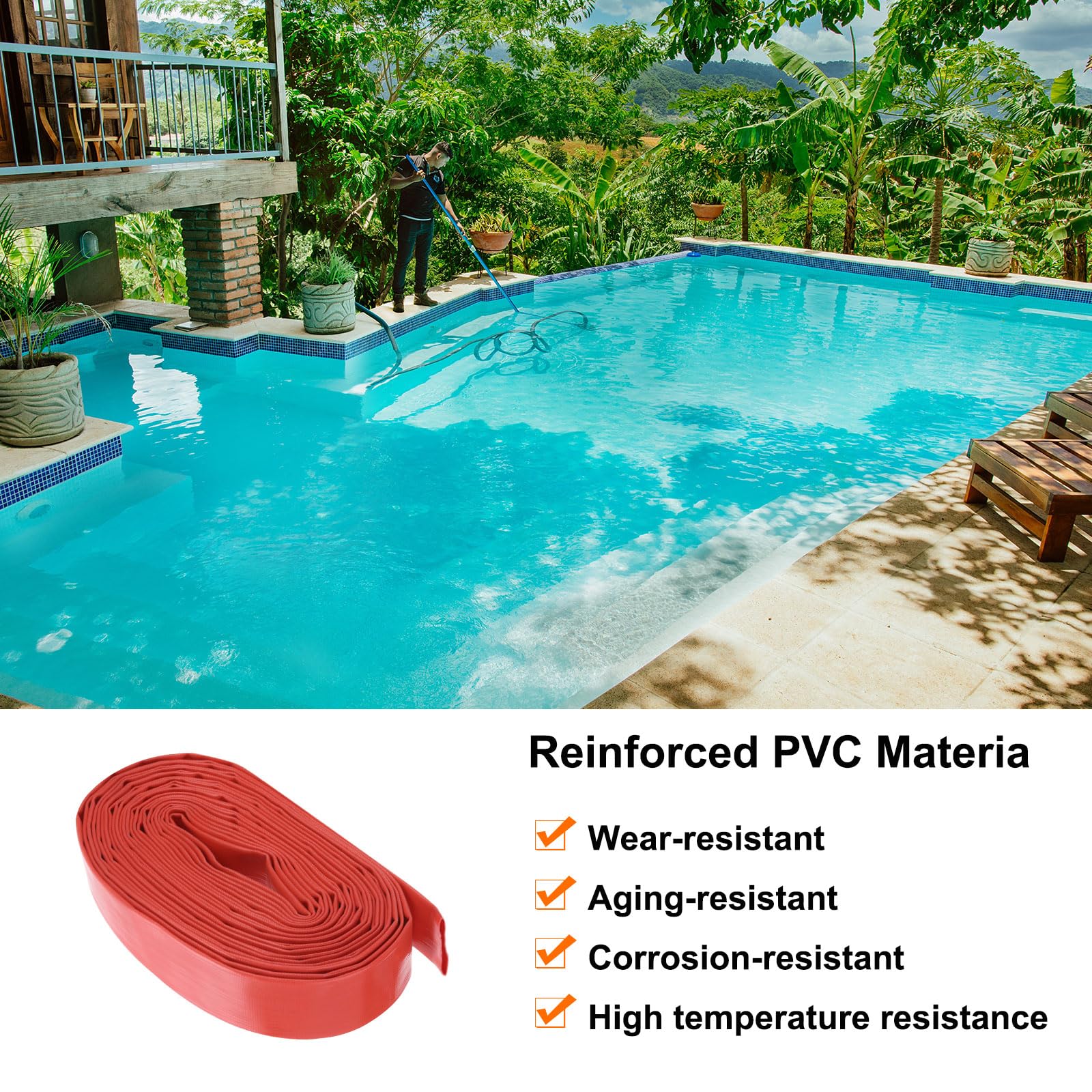 Manguera de retrolavado para piscina, 1.5 pulgadas x 50 pies, manguera de drenaje reforzada de PVC, mangueras de bomba de descarga de agua plana para filtro de piscina, bomba de natación, con