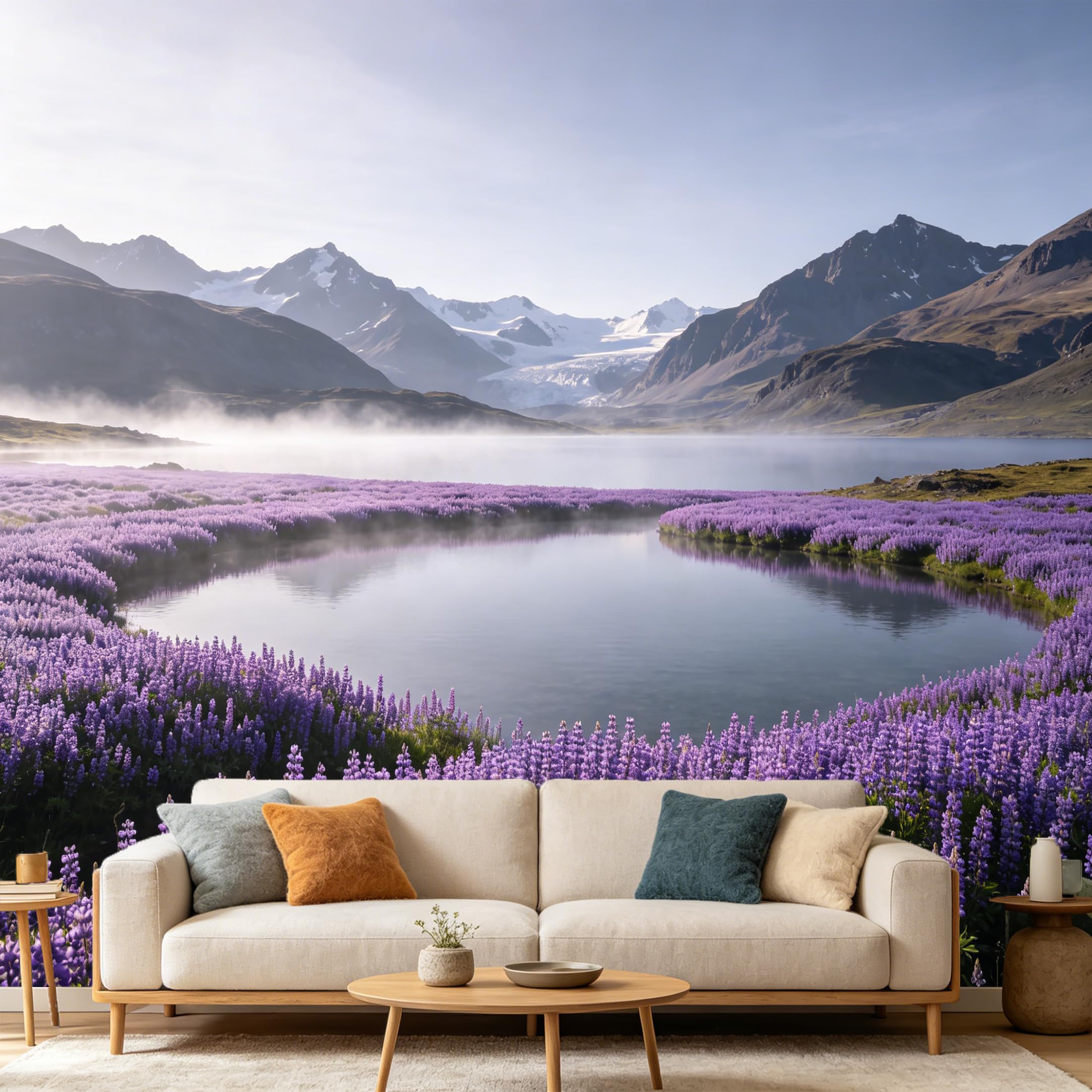 Custom Size Wall Mural Mountain Lake Landscape Purple Wildflowers Misty Morning Scenic Nature View SelfAdhesive Art Prints wall Fabric（No PVC） Removable Wallpaper Home Bedroom Decor