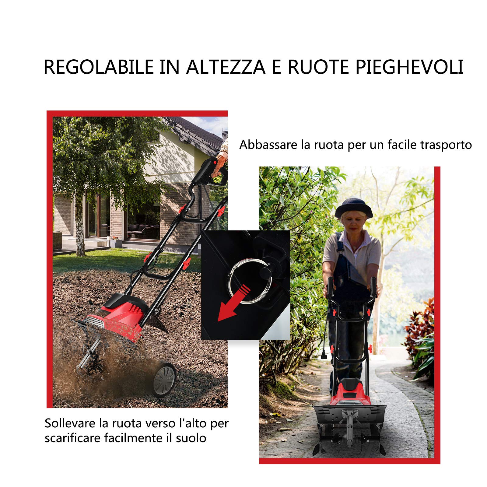 COSTWAY Motozappa Elettrica 1200W/1500W, Zappatrice Elettrica con Maniglia Pieghevole, Ruote Regolabili, 4/6 Lame, Velocità 365/400 PRM, Profondità 22 cm, Larghezza 35/43 cm (Rosso, 1200 W)