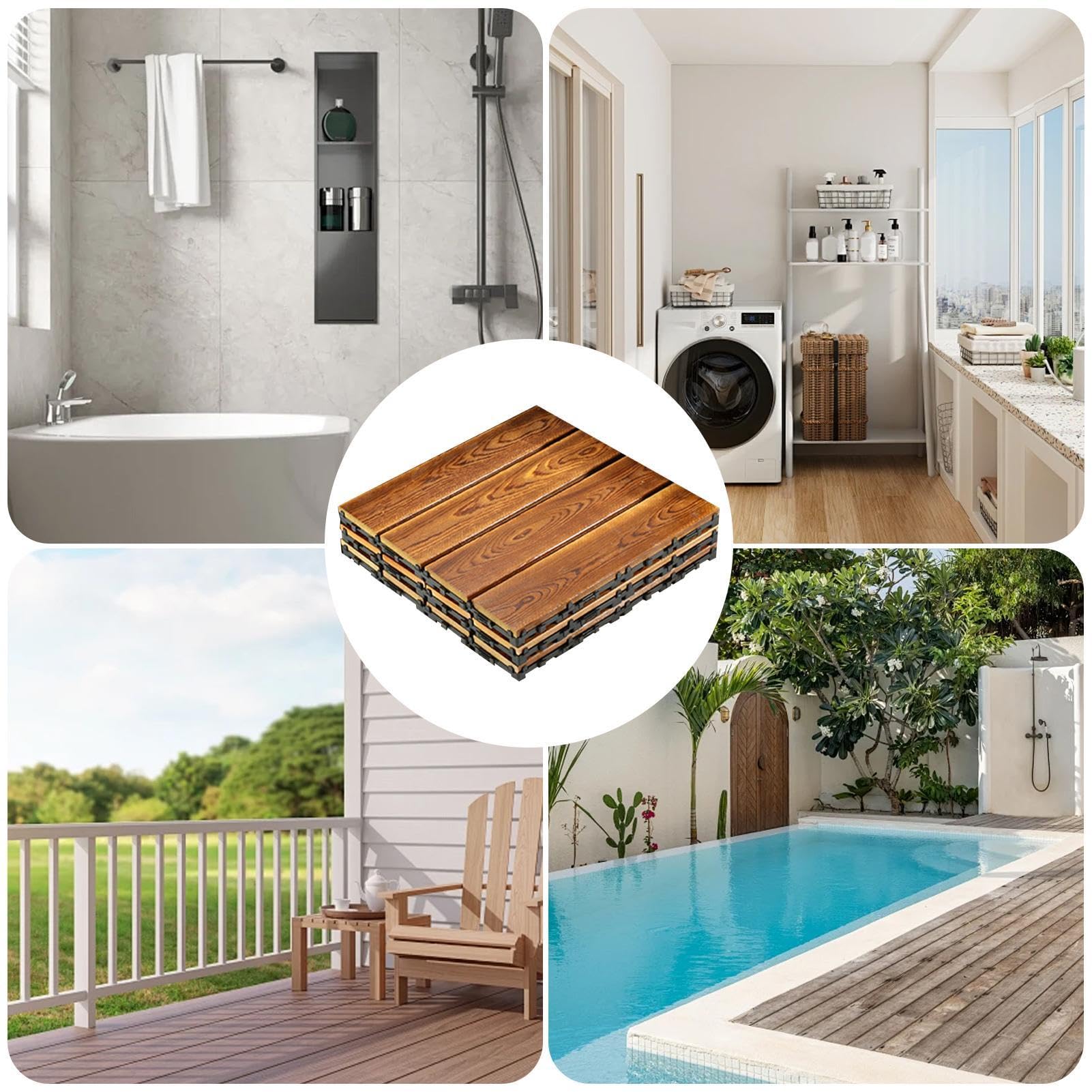 Piastrelle per terrazze ad incastro – Piastrelle per terrazze in legno, 3 assi per terrazze carbonizzate | 12 x 12 pollici antiscivolo per prato, rivestimento esterno ad incastro per piscina | Pavimentazione per Patio e Esterno per Decorazione Interna, Pi