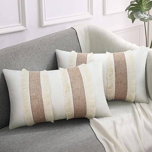 Merrycolor Juego de 2 fundas de almohada lumbar de lino con retazos bohemios de 12 x 20 pulgadas, fundas de almohada de lino de arpillera de granja, disponible en Yaxa Peru