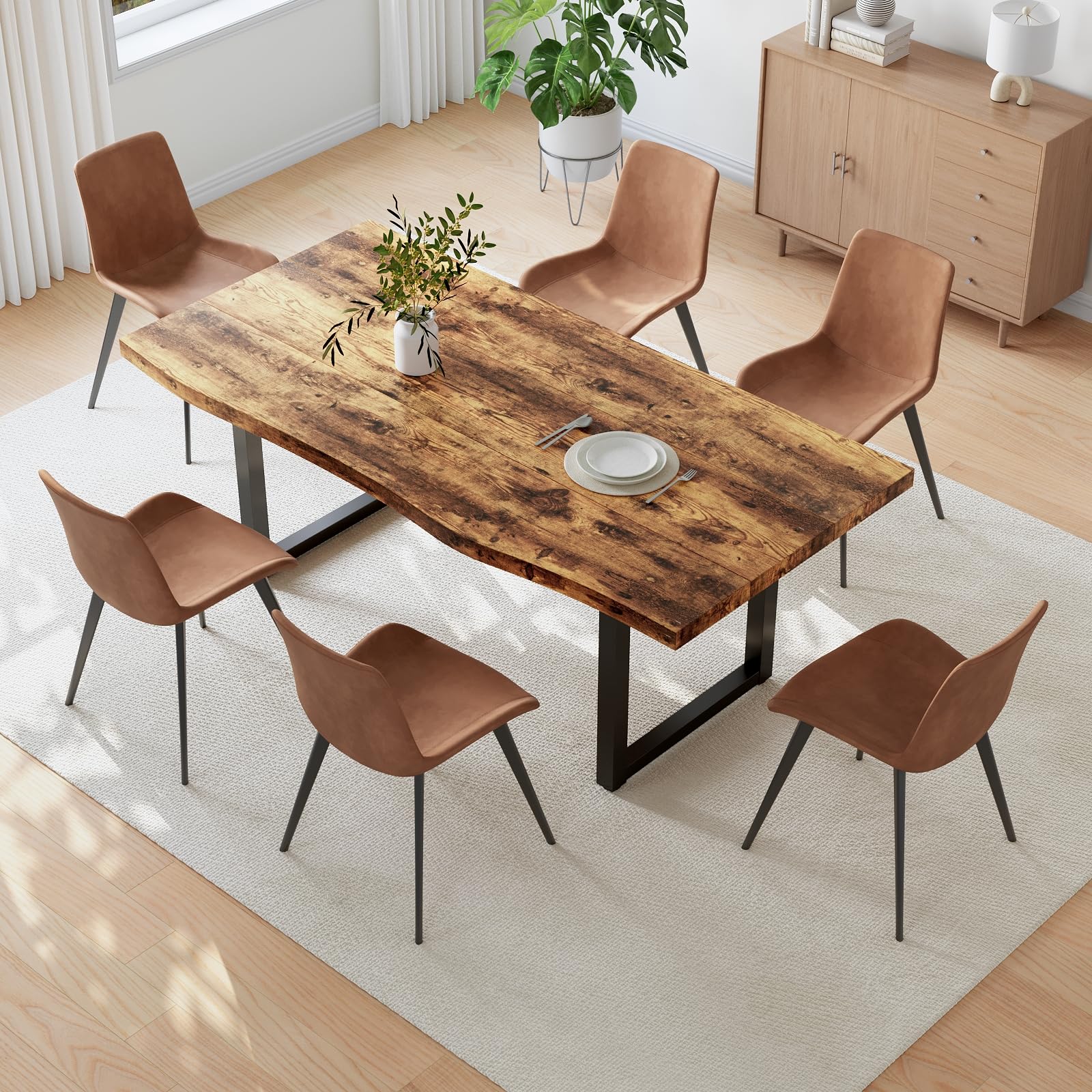 HIPIHOM 63" Dining Table Set for 6, MDF Board Kitchen Table Set with 6 PU Leather Dining Chairs, Mid-Century Kitchen and Dining Table Set of 7, Saving