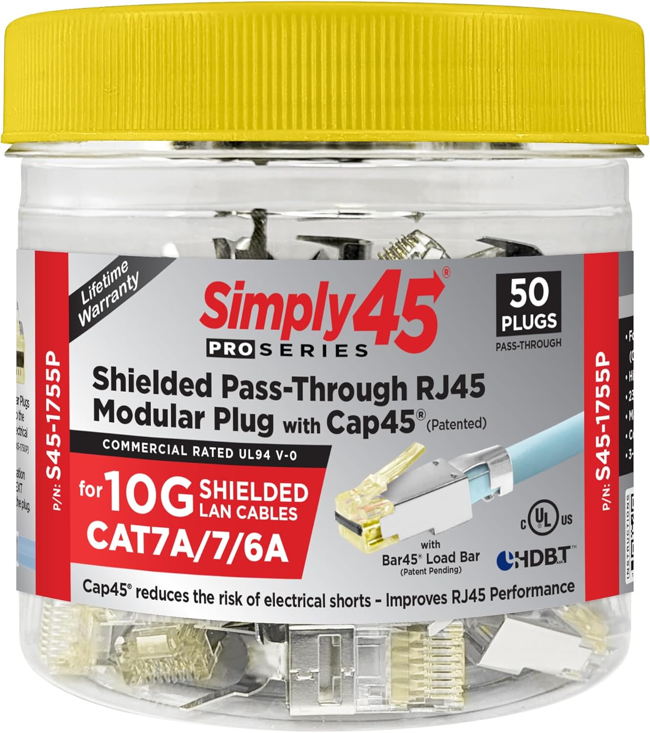 Simply45 ProSeries Pass-Through RJ45 Mod Plug with Cap45 and Bar45 - Shielded External Ground for 23AWG Solid, Cat6/6a STP - Red Tinted, 50-Piece/Jar - S45-1750P