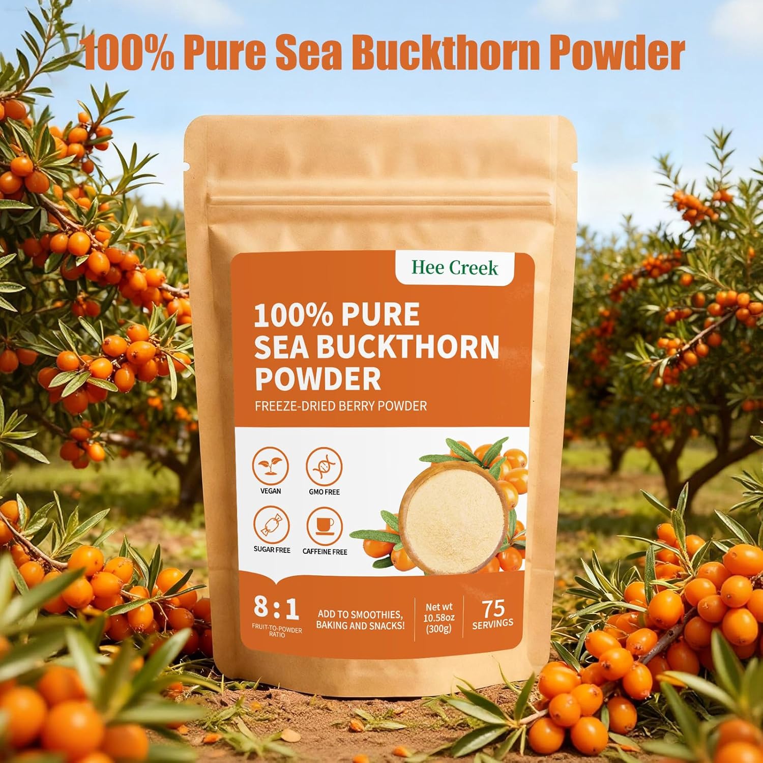 Hee Creek 100% Pure Sea Buckthorn Powder 10.58oz/ 300g Freeze Dried Sea Buckthorn Berries Ultra-Fine Fruit Powder for Smoothies & Baking & Beverages & Food Coloring, No Added Sugar & Additives