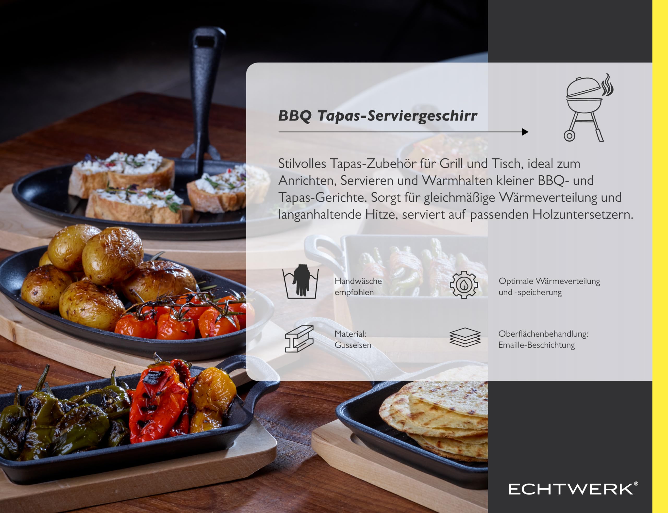 ECHTWERK Kochtopf Set aus Gusseisen, Mini-Kochtopf mit Servierbrett, Kleiner Bräter, Bereits eingebrannt, Für Backöfen, Grill, BBQ und Induktion geeignet, Ideal zum Servieren, 250 ml, 4tlg