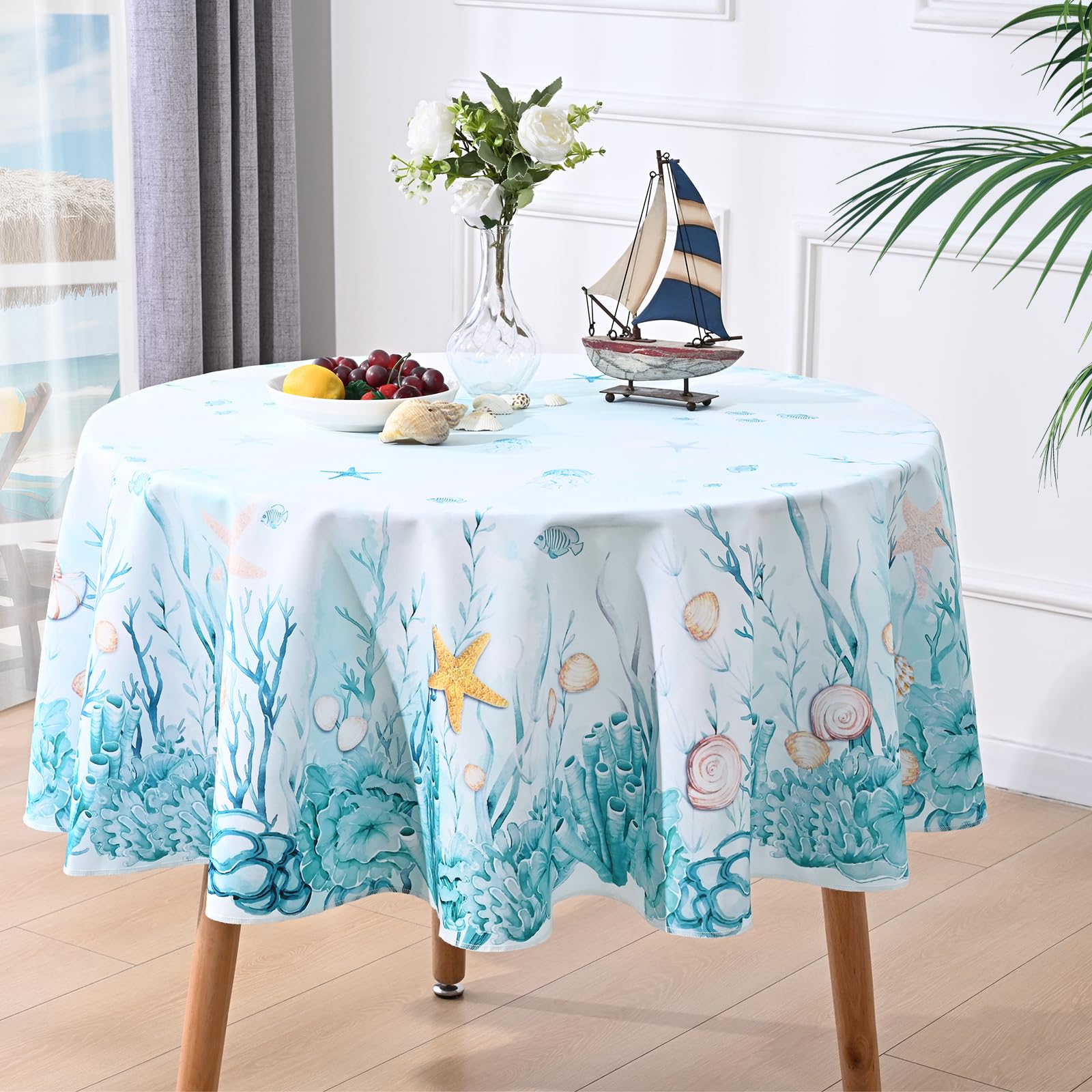 Likiyol Coastal Tablecloth, Ocean Nautical Table Cloth, Coral Starfish Seashell Table Cover, Beach Themed Waterproof Table Cover for Kitchen Dining Table Picnic Party Camping, Round 60"x60"