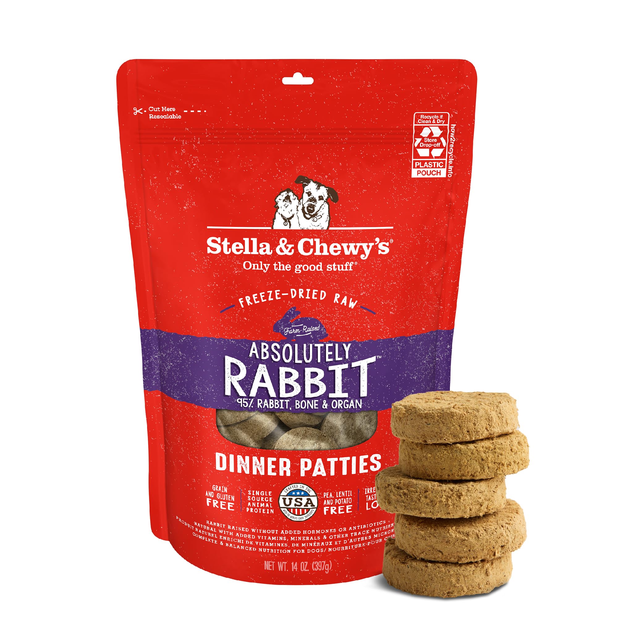 Stella & Chewy's Freeze-Dried Raw Dinner Patties - Absolutely Rabbit Recipe - High Protein Grain-Free Puppy & Dog Food - Perfect For Picky Eaters - 14 oz