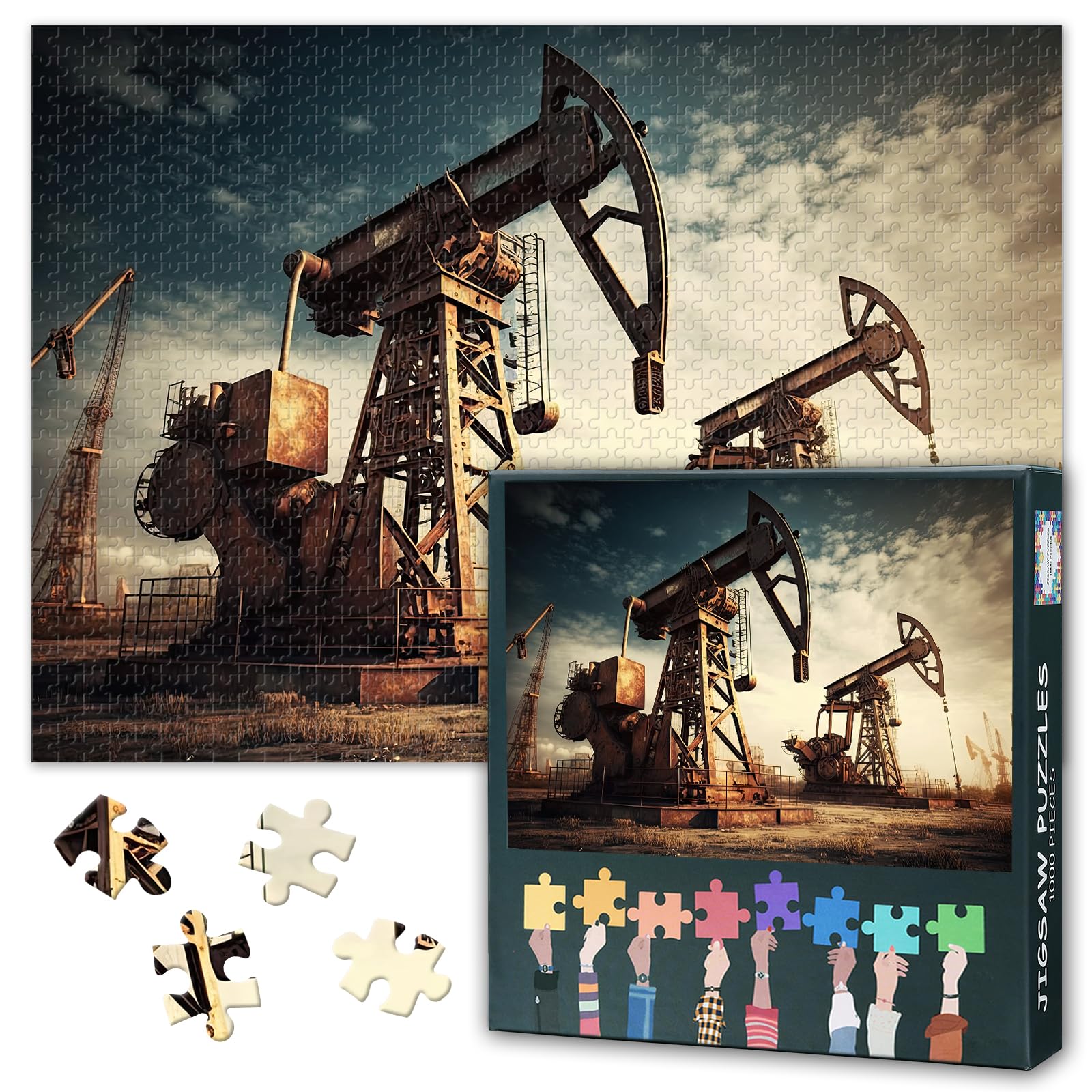 Jigsaw Puzzle 1000 Piece Set for Adults Oil Pumps Crude Oil Extraction from Ground Energy Industry Machinery Educational Wall Art 27.5x19.7 Inch