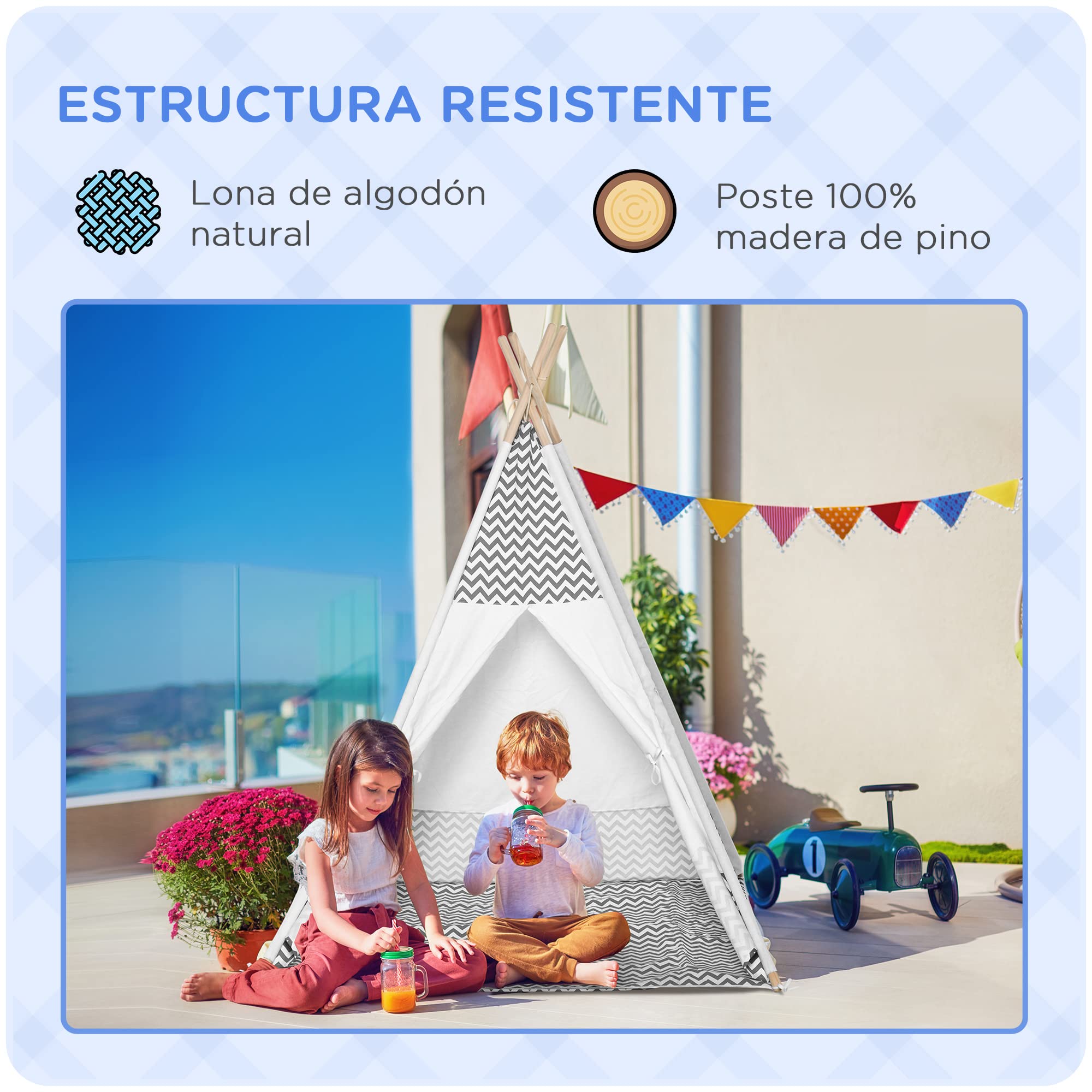HOMCOM Tienda de Campaña para Niños de +3 Años 120x120x155 cm Gris | Tipi Infantil con Colchoneta, de Madera, Portátil, Ventana, Bolsa de Transporte, para Interiores y Exteriores