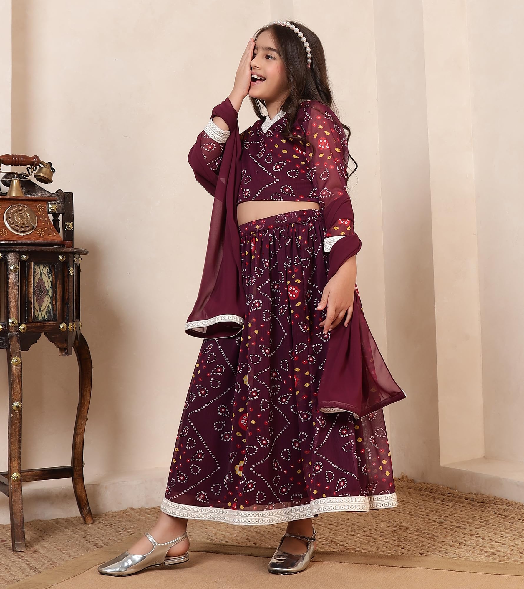 Bugandbees Bandhani Chiffon Top & Skirt With Dupatta|V Neck Full Sleeves Fusion Wear Flare d Co-Ord Set for 3 Years to 13 Years Kids|Festive Casual Wear Latest Collection (BBCO00000358_3-4Y_Wine) 2