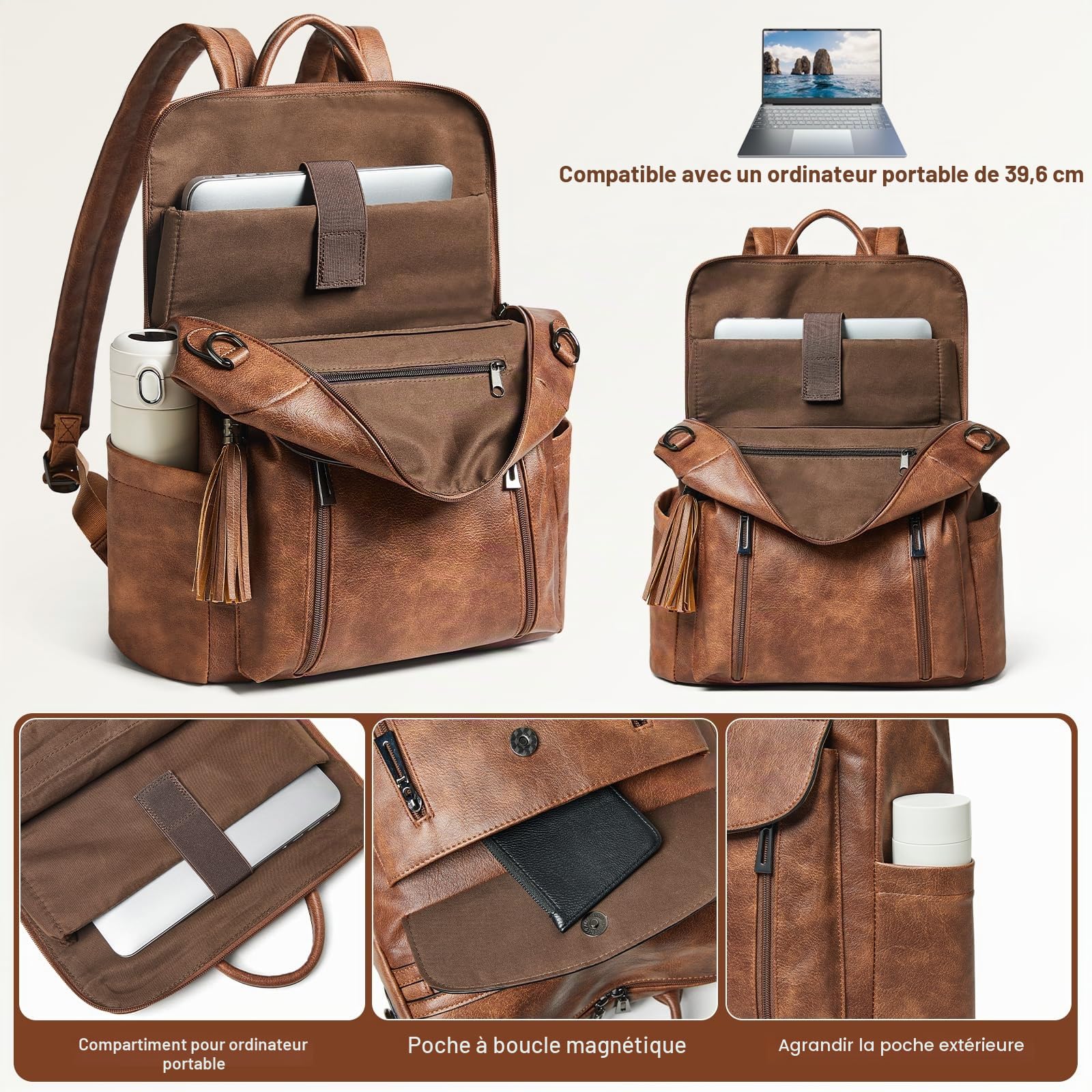 Shrrie Sac à dos élégant ordinateur portable femme 15,6 pouces en cuir | Sac à jour professionnel résistant à l'eau convertible,antivol,compartiment ordinateur, adapté travail,tourisme,école