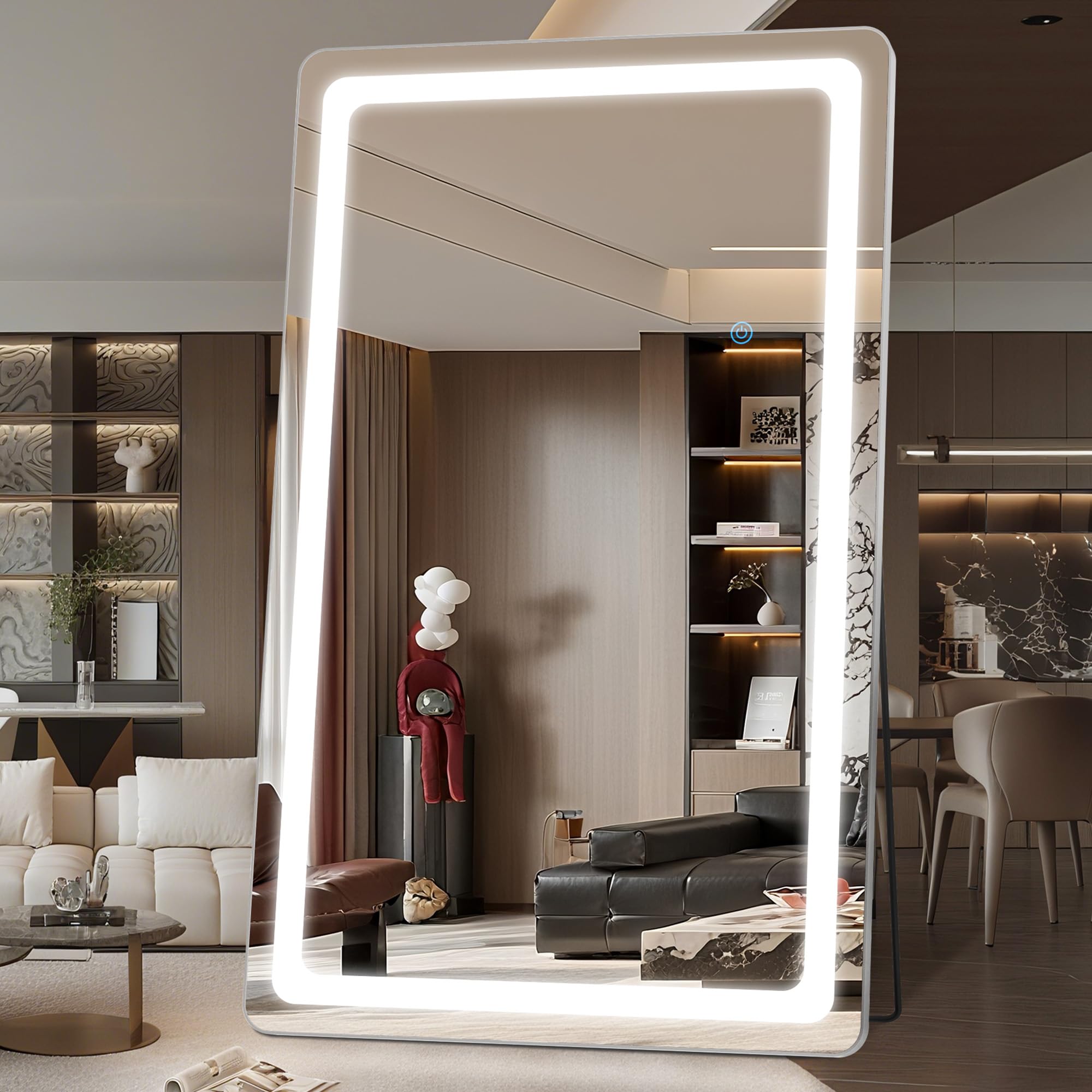 Antok LED Full Length Mirror with Light, 71"x28" Lighted Full Body Mirror with Stand, Dimmable & 3 Color Lighting Standing/Leaning/Wall Mounted Vanity Mirror for Bedroom Cloakroom Livingroom(Rect): 72"L x 44"W Rect Style White