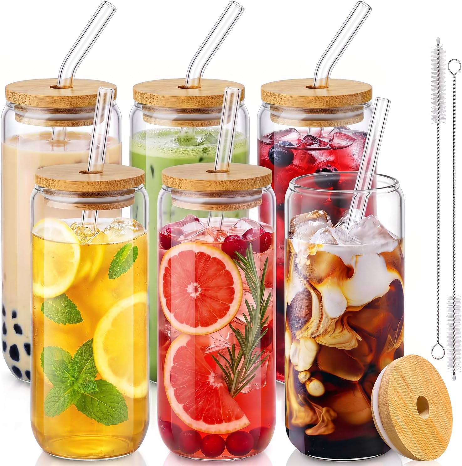 20 Oz Drinking Glasses with Bamboo Lids and Glass Straw - 6 Pcs Can Shaped Glass Cups Beer Glasses Ice Coffee Glasses Cute Tumbler Cup Great for Soda Boba Tea Cocktail Include 2 Cleaning Brushes