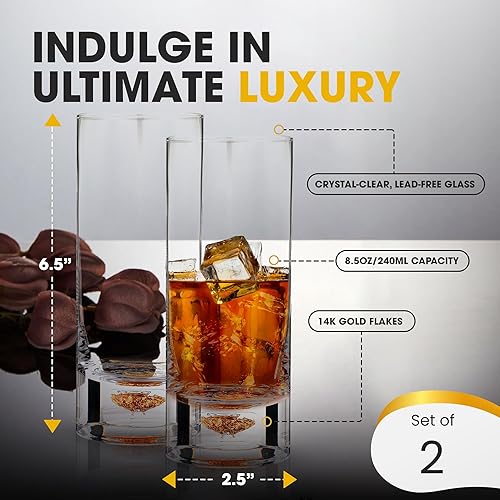 Miniatura 3 de Vasos altos de lujo  Elegantes vasos de cóctel y vasos Tom Collins con diseño de escamas doradas, 8.5 onzas (juego de 2)