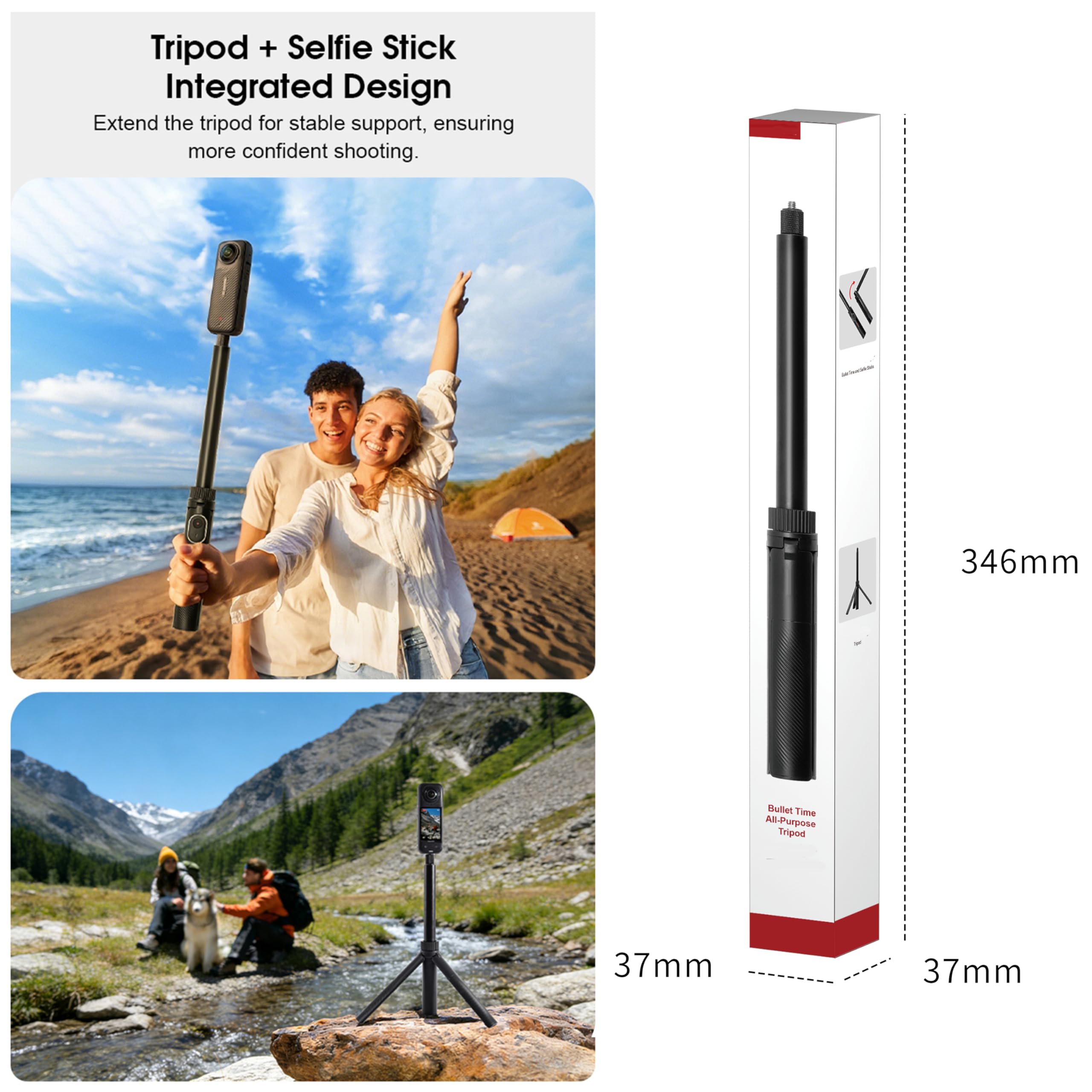 Uchwyt obrotowy statywu Bullet Time z niewidocznym kijem do selfie, do Insta360 X5/X4/X4 Air/X3/X2/X, do OSMO Pocket 3/360, gwint 1/10.2 cm kompaktowy kij do selfie i składany statyw stołowy (typ 1)