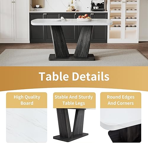 Miniatura 5 de Moderno juego de mesa de comedor con banco, juego de mesa de comedor de mármol de 6 piezas, mesa de comedor blanca con 4 sillas, 1 banco, juego de