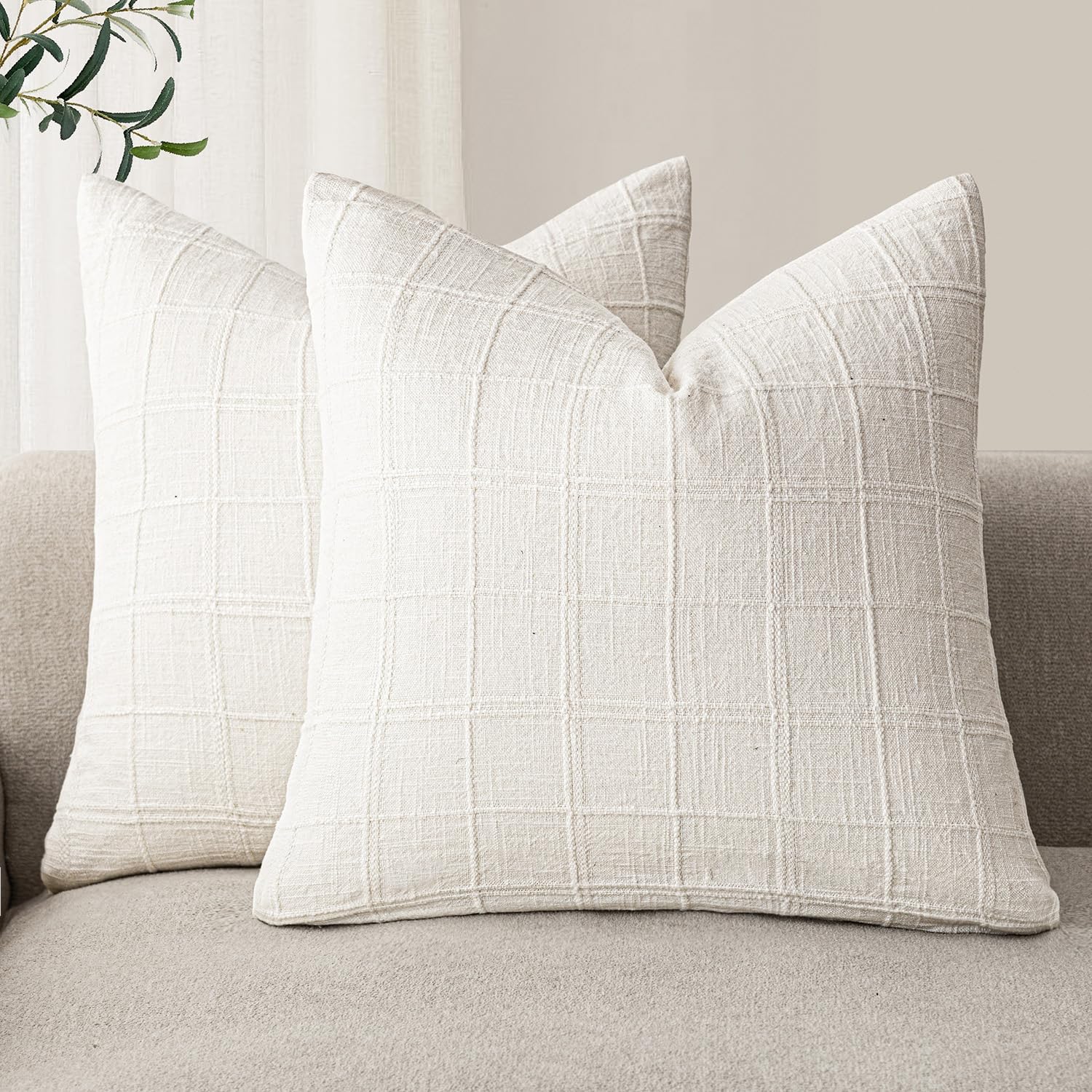 Foindtower Boho Linen Check Decorative Throw Pillow Cover 18×18 Cream White