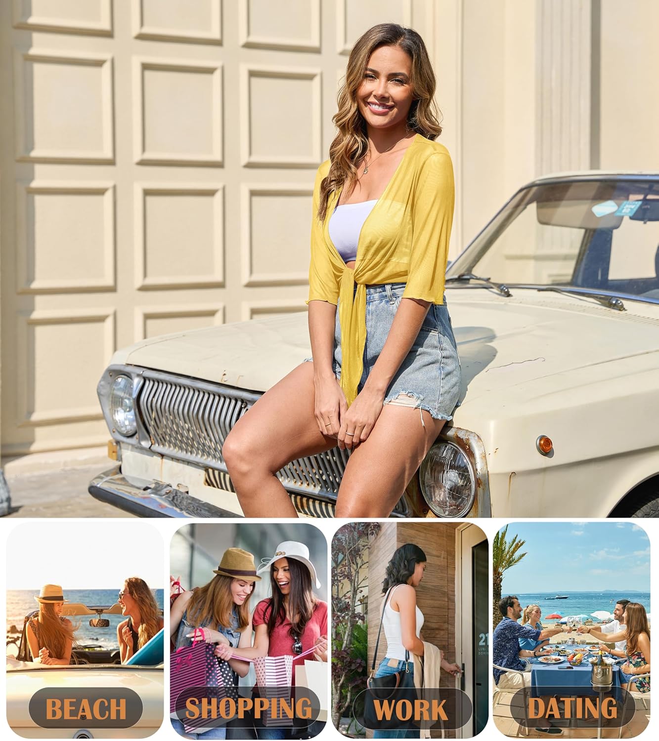 Womens 3/4 Sleeve Shrug Sheer Mesh Cardigans Tie Front Cropped Lightweight Bolero Shawl Top for Casual Going Out - Image 5