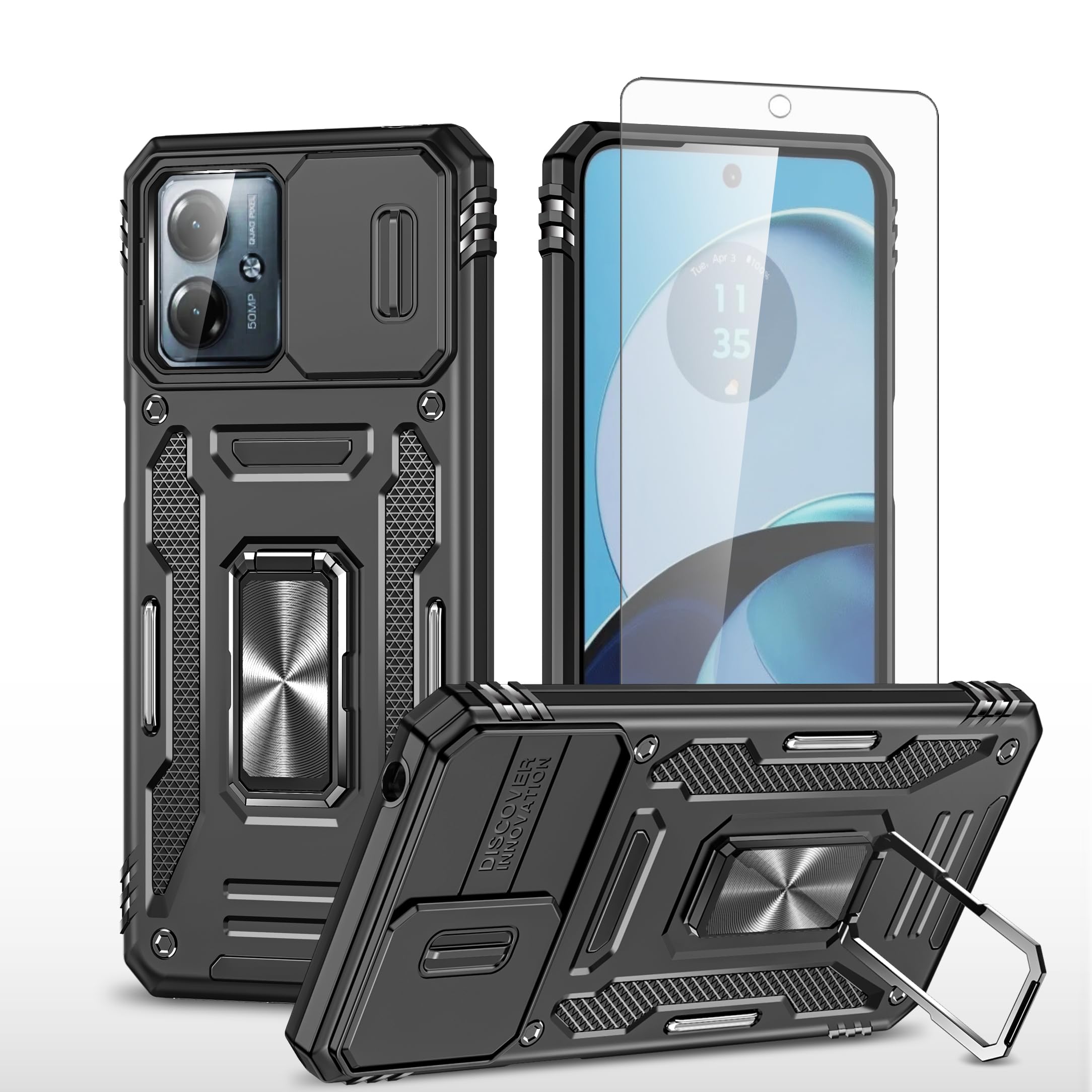 Asuwish Phone Case for Motorola Moto G14 with Tempered Glass Screen Protector Cover and Slide Camera Magnetic Ring Holder Stand Accessories Cell Slim