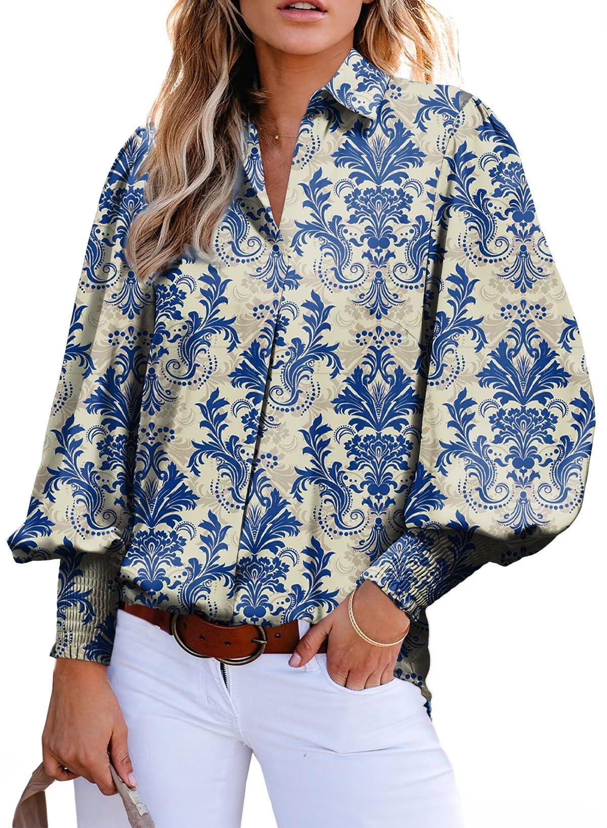 Astylish Womens Loose V Neck Oversized Shirts Paisley Print Lantern Sleeve Blouse Dressy Casual Boho Flowy Bottom Down Tops