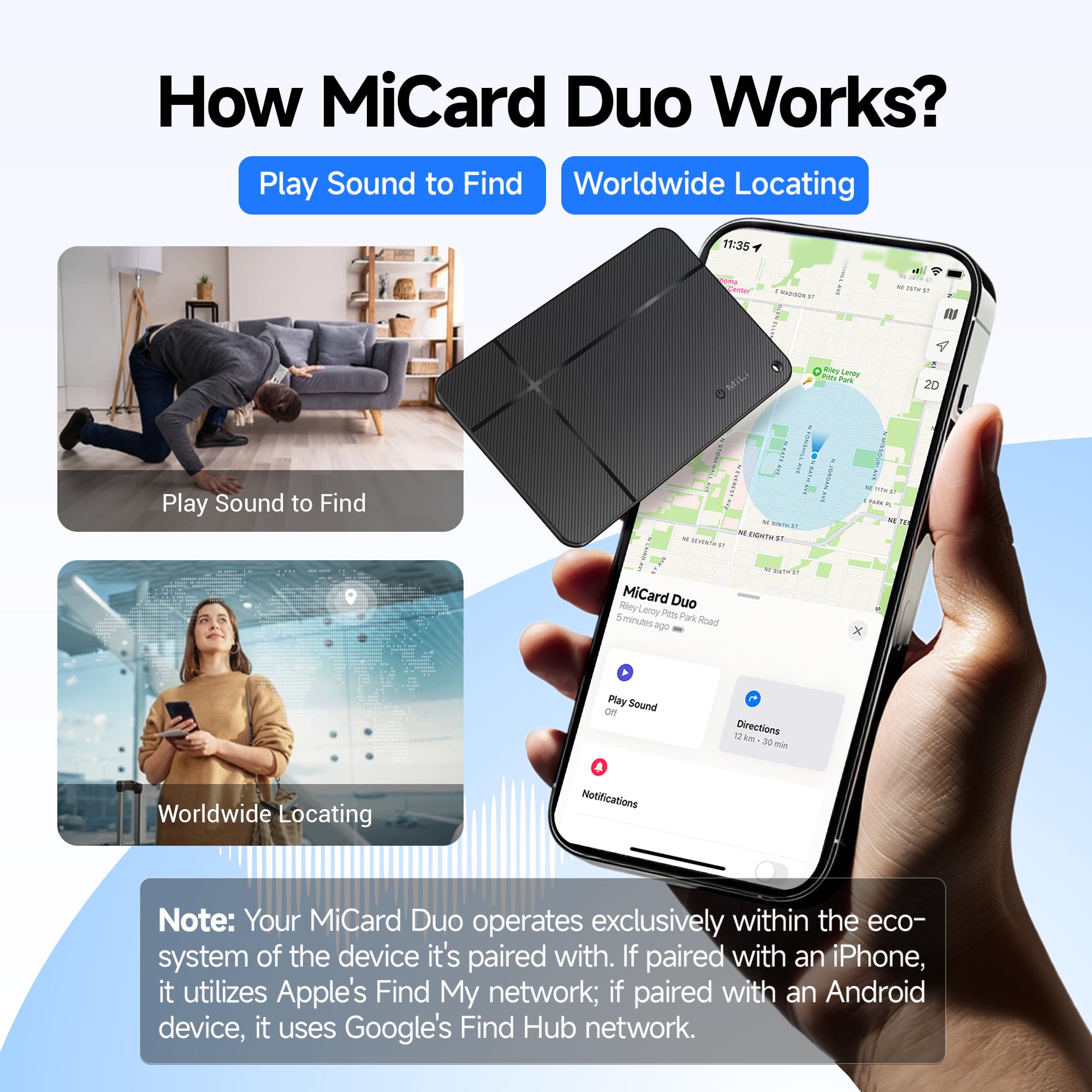 MiLi MiCard Localizador para iOS & Android, Etiqueta de rastreo Inteligente Recargable inalámbricamente con Tarjeta de presentación Digital NFC, para Cartera, Pasaporte, Maleta