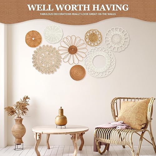 Vista 15 de Juego de 6 cestas de pared bohemias – Decoración de pared tejida para colgar, cesta tejida hecha a mano, redondas, planas, arte de pared