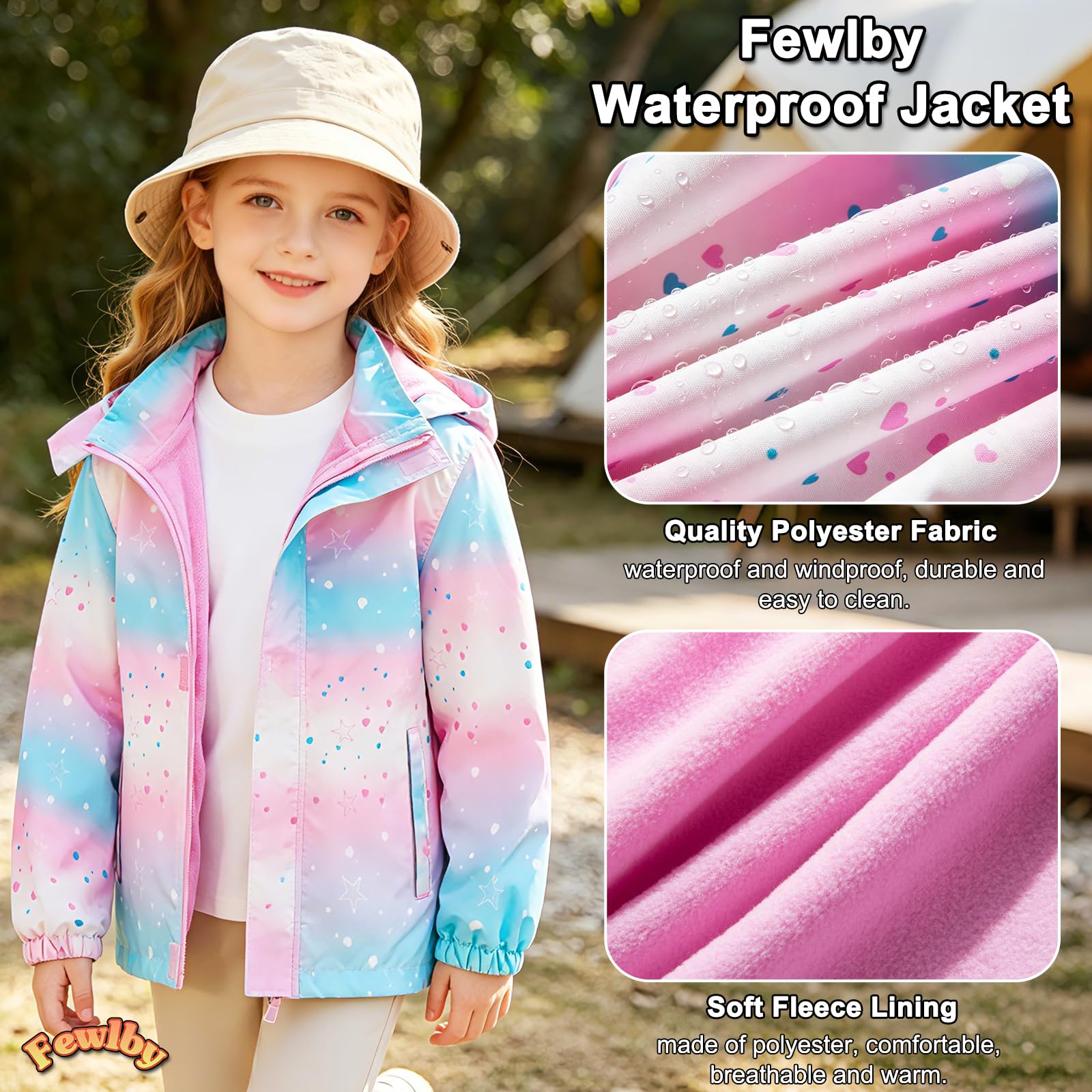 Fewlby Regenjacke Mädchen, Softshelljacke Kinder Regenmantel mit Kapuze Windbreaker Wasserdichte Jacke Leichte Übergangsjacke, 9-10 Jahre